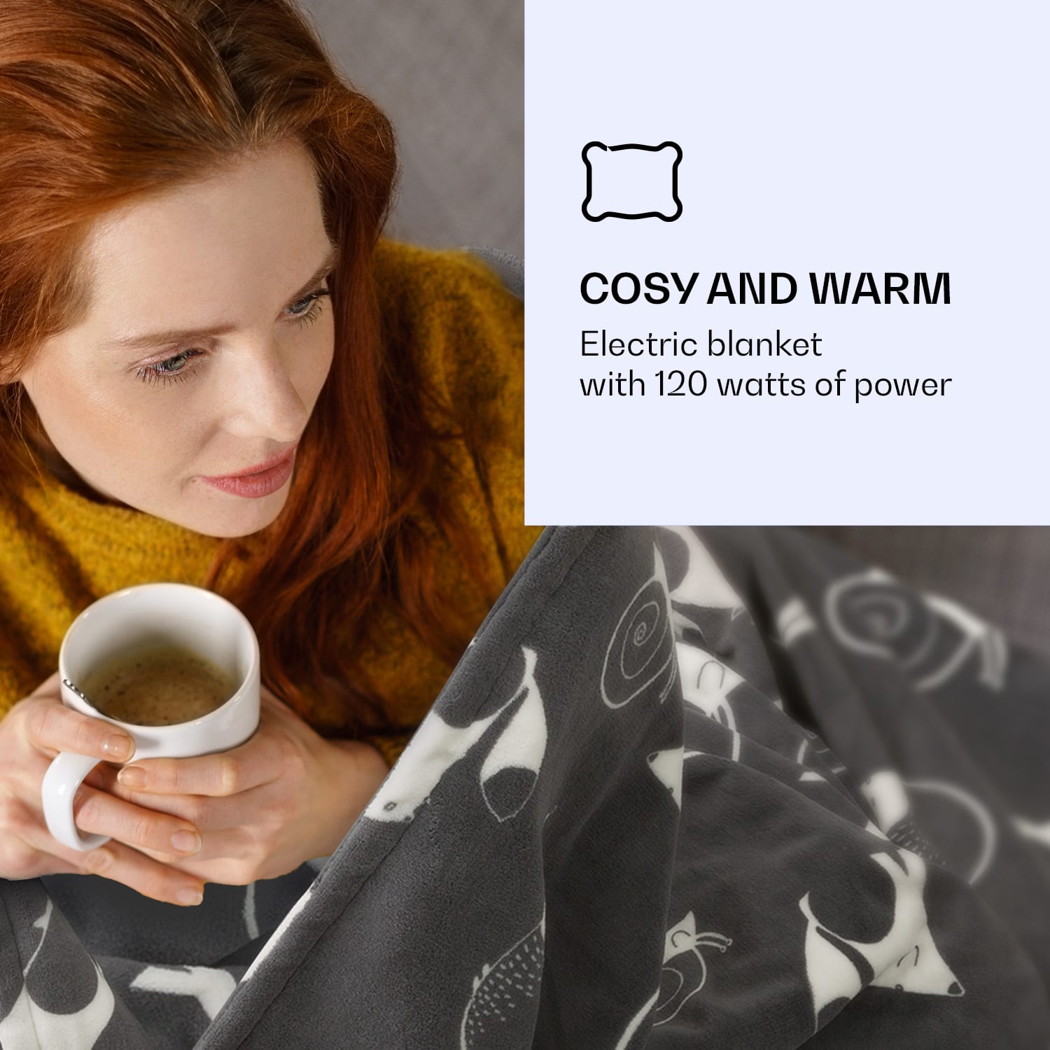 Klarstein Dr. Watson XXL, vyhrievacia deka, 120 W, 200 x 180 cm, coral fleece, antracitová, zvieratá – Obrázok 2