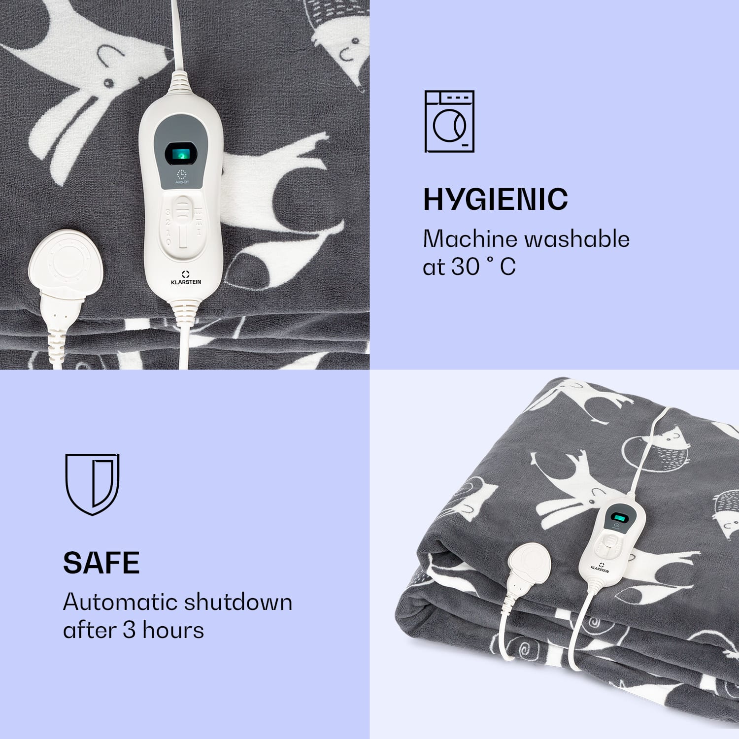 Klarstein Dr. Watson XXL, vyhrievacia deka, 120 W, 200 x 180 cm, coral fleece, antracitová, zvieratá – Obrázok 4