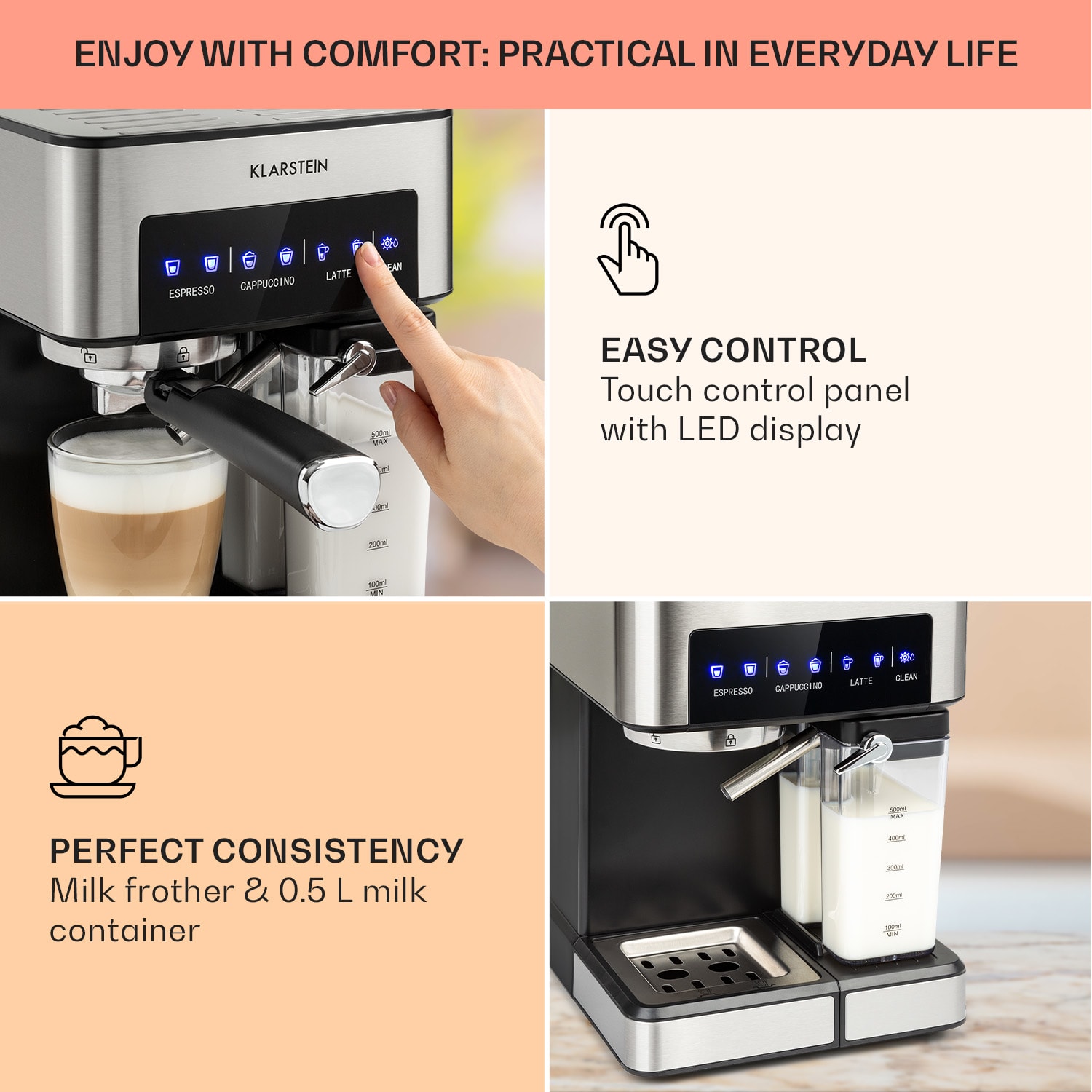 Klarstein Arabica Comfort kávovar s portafiltrom, 1350 W, 20 bar, 1,8 l, dotykový ovládací panel – Obrázok 3