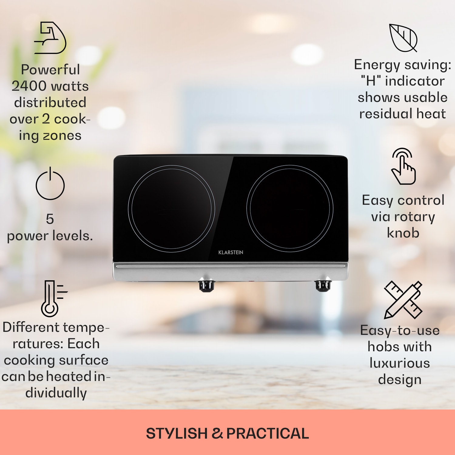Klarstein Cookbuddy, varná doska, 2400 W, 2 platničky, 5 úrovní výkonu, sklokeramika – Obrázok 2