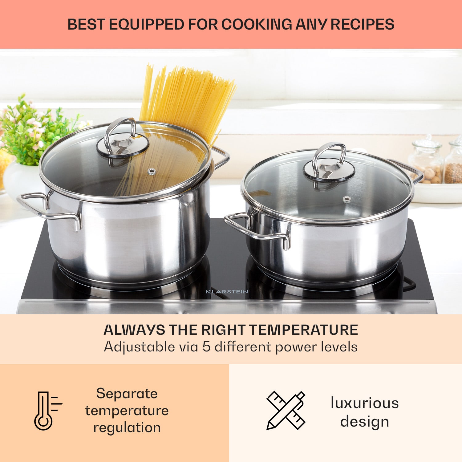 Klarstein Cookbuddy, varná doska, 2400 W, 2 platničky, 5 úrovní výkonu, sklokeramika – Obrázok 5