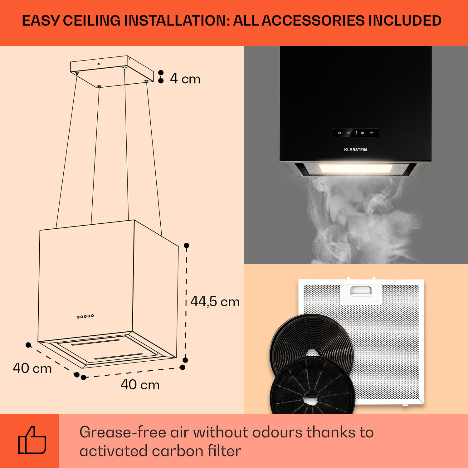 Klarstein Kronleuchter Smart, digestor, 40 cm, ostrovčekový, 595 m³/h, ovládánie cez aplikáciu, LED panel, čierna – Obrázok 5