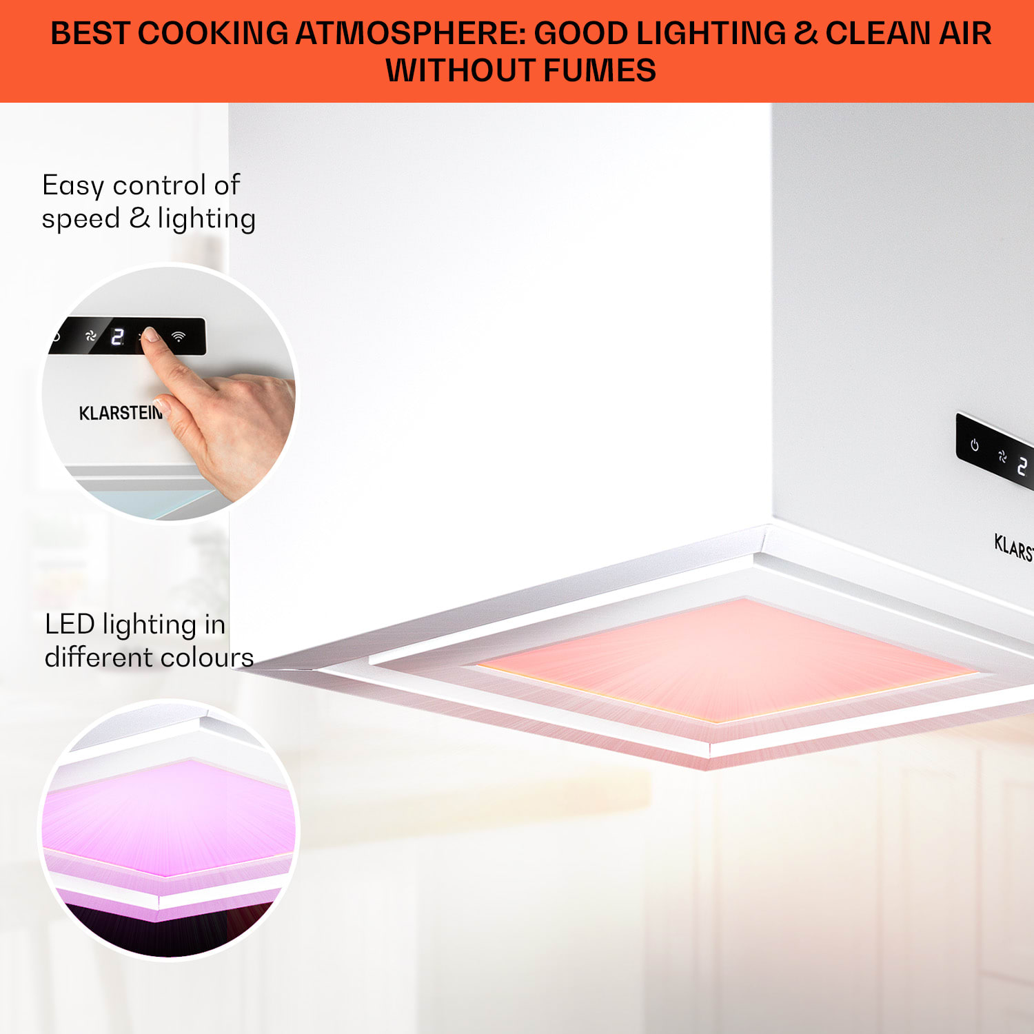 Klarstein Kronleuchter Smart, digestor, 40 cm, ostrovčekový, 595 m³/h, ovládánie cez aplikáciu, LED panel, biely – Obrázok 4