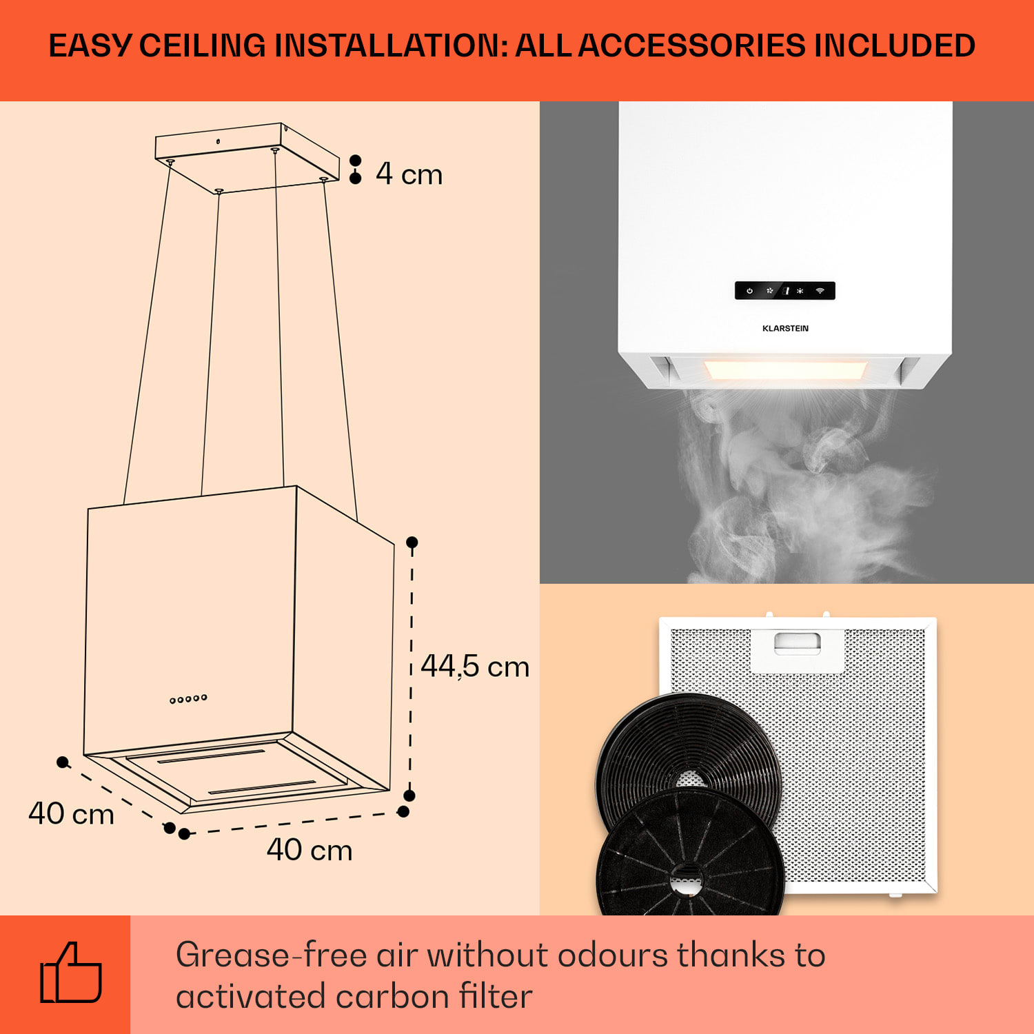 Klarstein Kronleuchter Smart, digestor, 40 cm, ostrovčekový, 595 m³/h, ovládánie cez aplikáciu, LED panel, biely – Obrázok 5