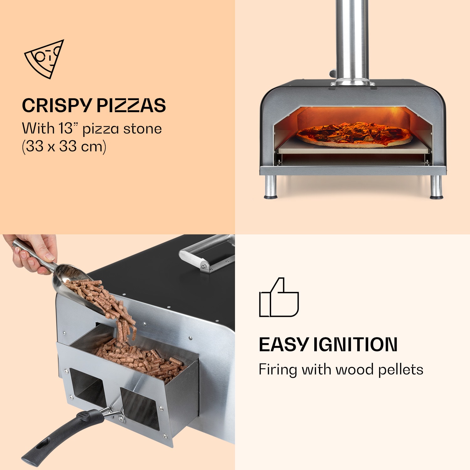 Klarstein Diavolo, peletová pec na pizzu, vrátane kameňa na pizzu, teplomer, nehrdzavejúca oceľ – Obrázok 3