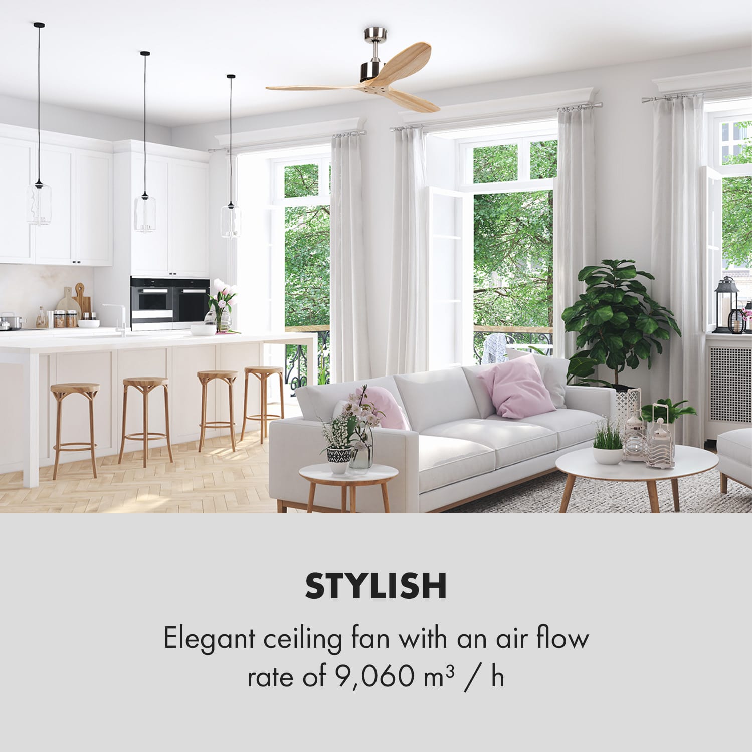 Klarstein Santa Elena stropný ventilátor 52" 9 060 m³/h 3 lopatky z pravého dreva – Obrázok 2