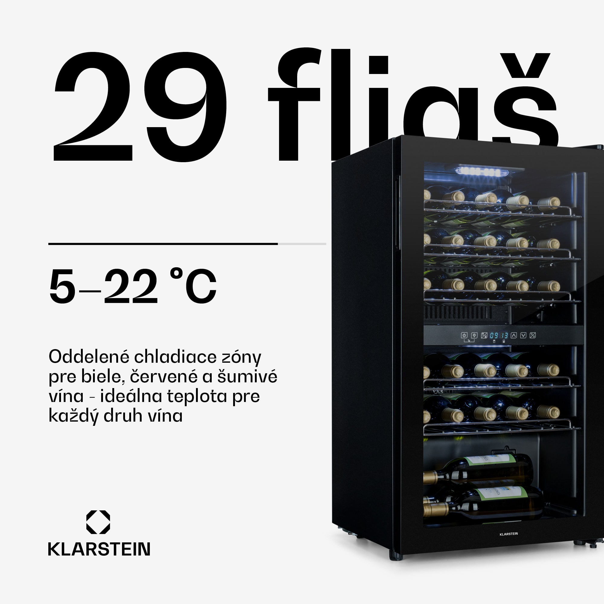 Klarstein Shiraz 29 Duo, vinotéka, 80 l, 29 fliaš, 2 zóny, 5–22°C, dotykové ovládanie, čierna – Obrázok 3