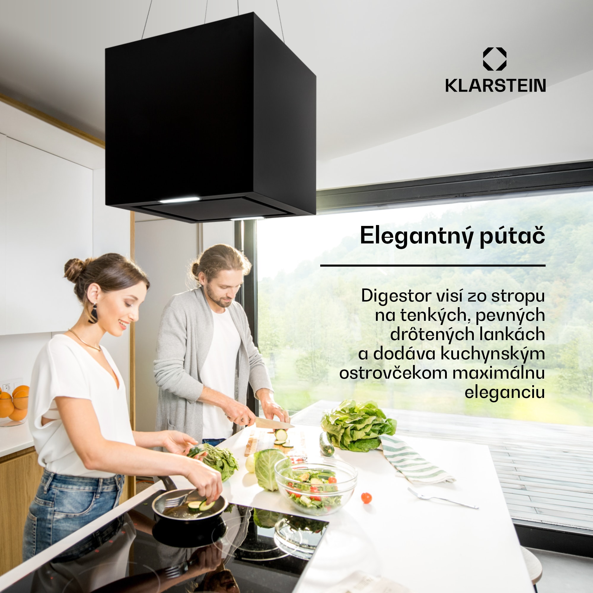 Klarstein Kronleuchter, digestor, 44 cm, ostrovčekový, 596 m³/h, LED panel, A, čierny – Obrázok 2