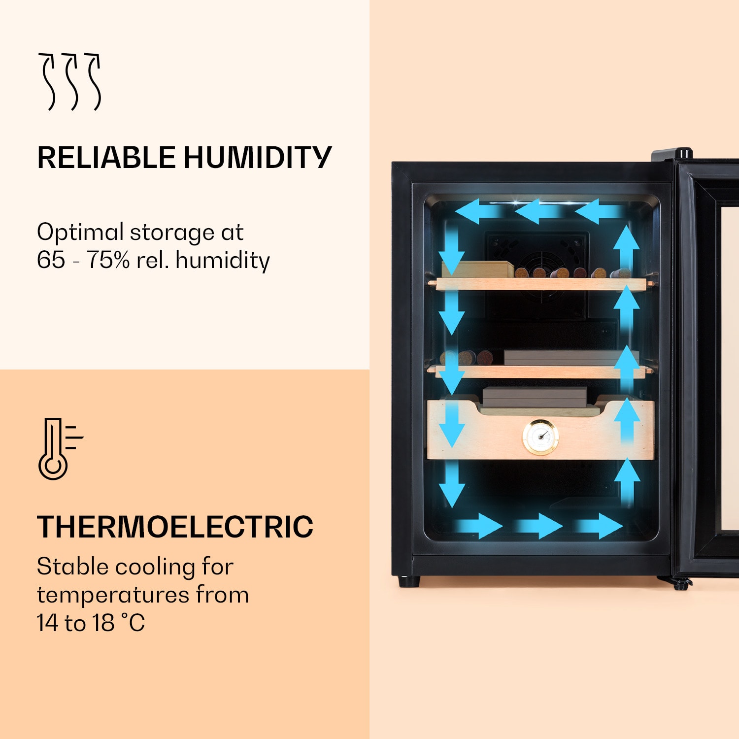 Klarstein El Presidente 37, humidor na cigary, 37 l, 2 zásuvky, 1 priehradka z cédrového dreva – Obrázok 4