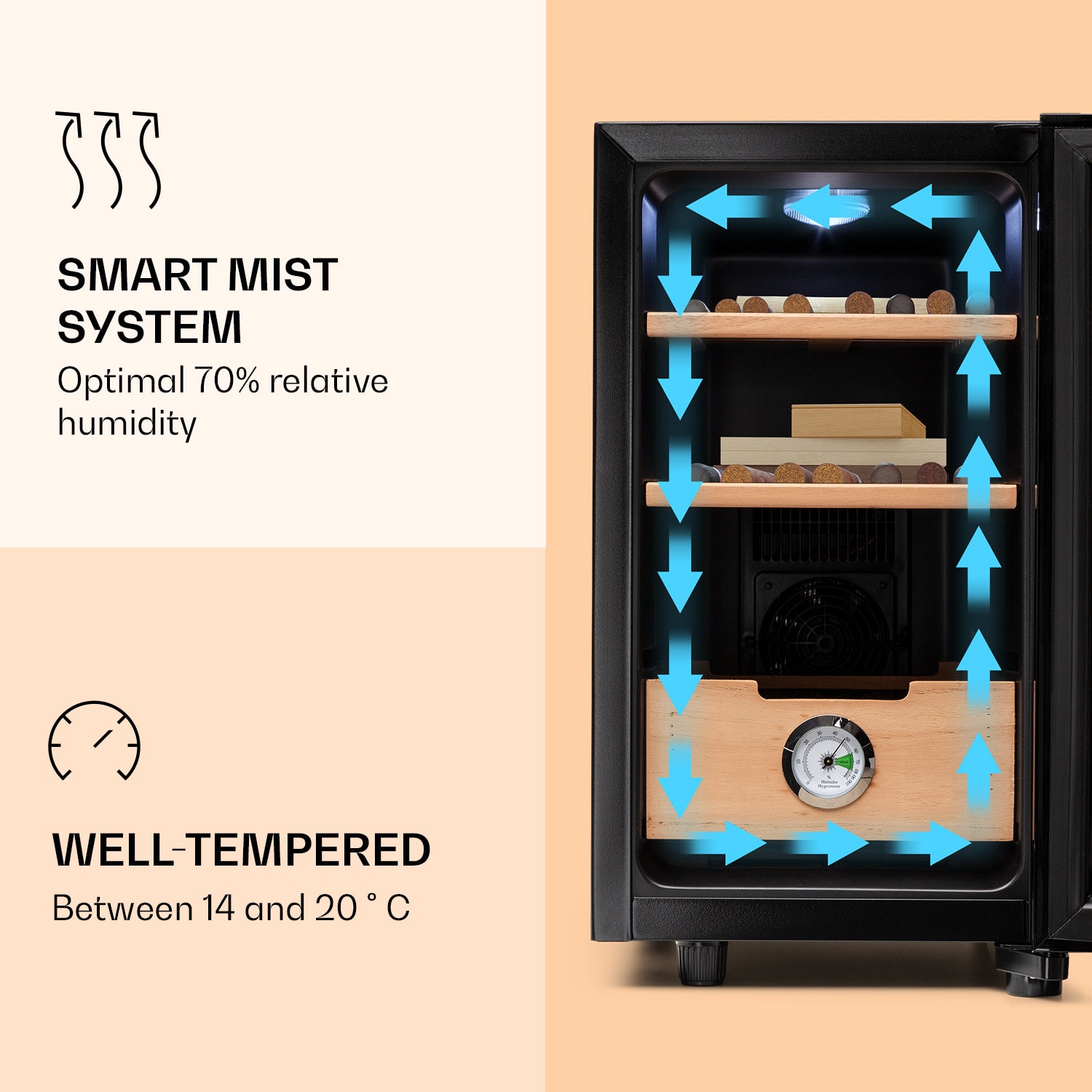 Klarstein El Presidente 23, humidor na cigary, 23 l, 45 W, dotykové ovládanie, bukové drevo, LED – Obrázok 4