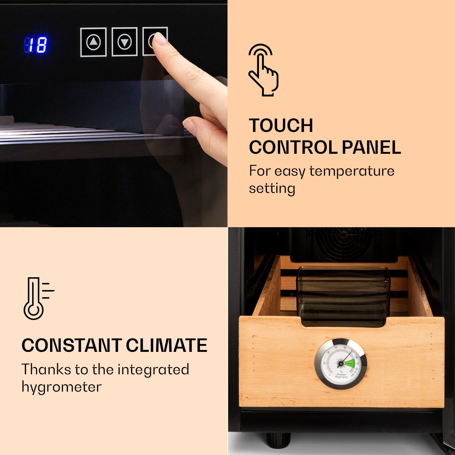 Klarstein El Presidente 23, humidor na cigary, 23 l, 45 W, dotykové ovládanie, bukové drevo, LED – Obrázok 5