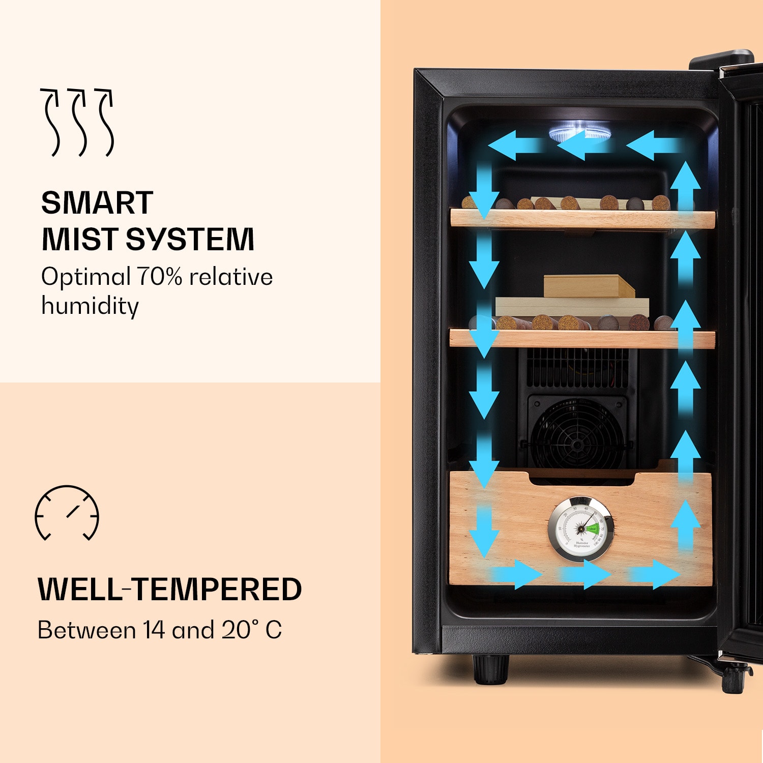 Klarstein El Presidente 23, humidor na cigary, 23 l, 45 W, dotykové ovládanie, bukové drevo, LED – Obrázok 4