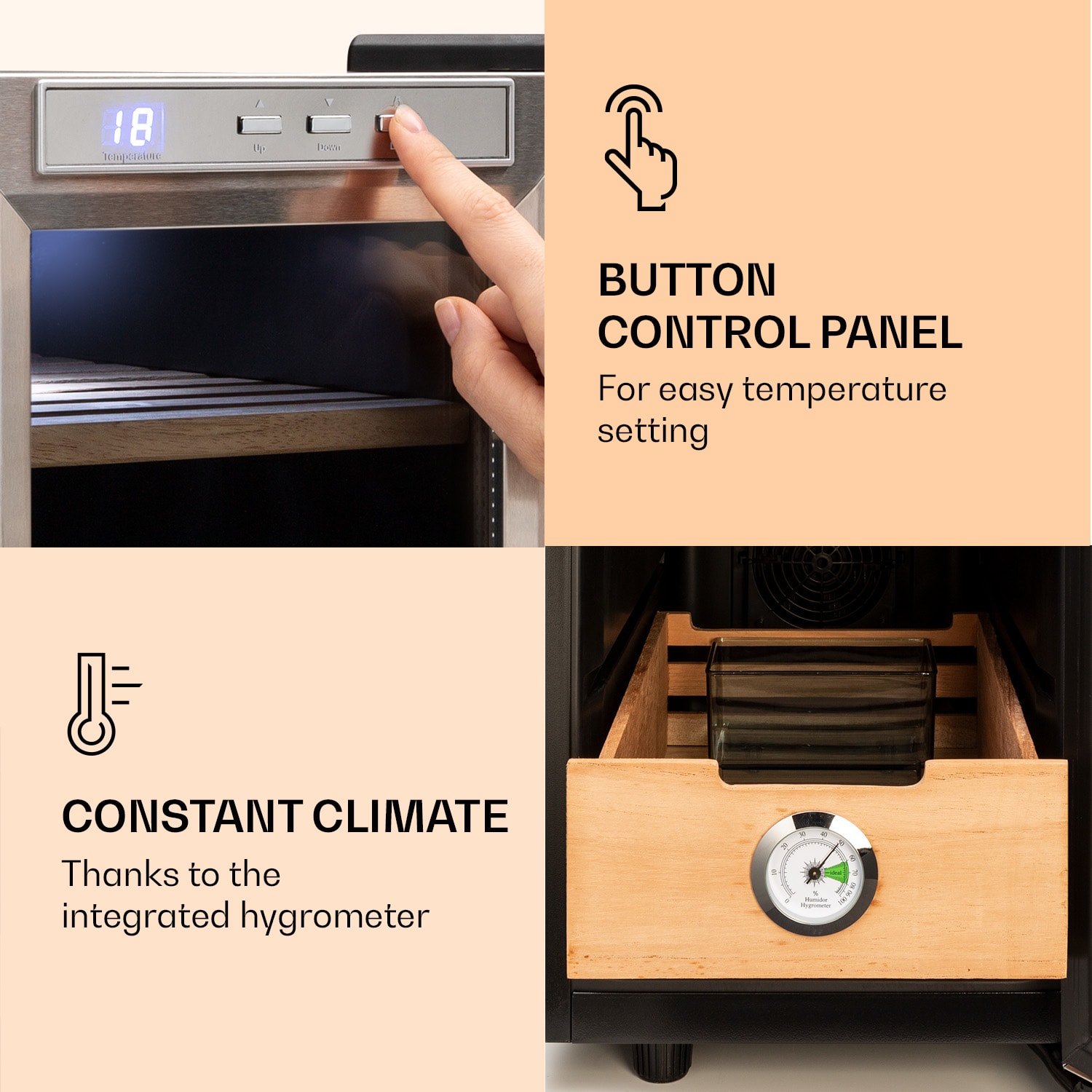 Klarstein El Presidente 23, humidor na cigary, 23 l, 45 W, dotykové ovládanie, bukové drevo, LED – Obrázok 5