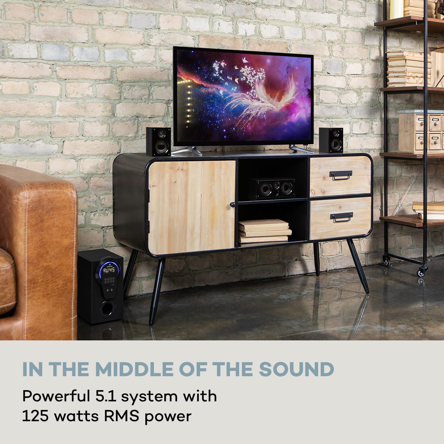 Auna Areal 525 DG, 5.1 systém domáceho kina, 125 W RMS, optický vstup, BT, USB, SD, AUX, diaľkový ovládač – Obrázok 2