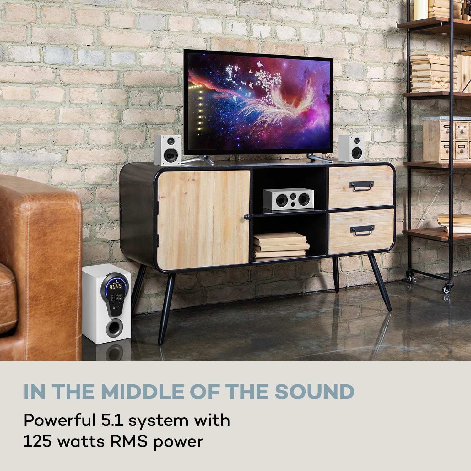 Auna Areal 525 DG, 5.1 systém domáceho kina, 125 W RMS, optický vstup, BT, USB, SD, AUX, diaľkový ovládač – Obrázok 2