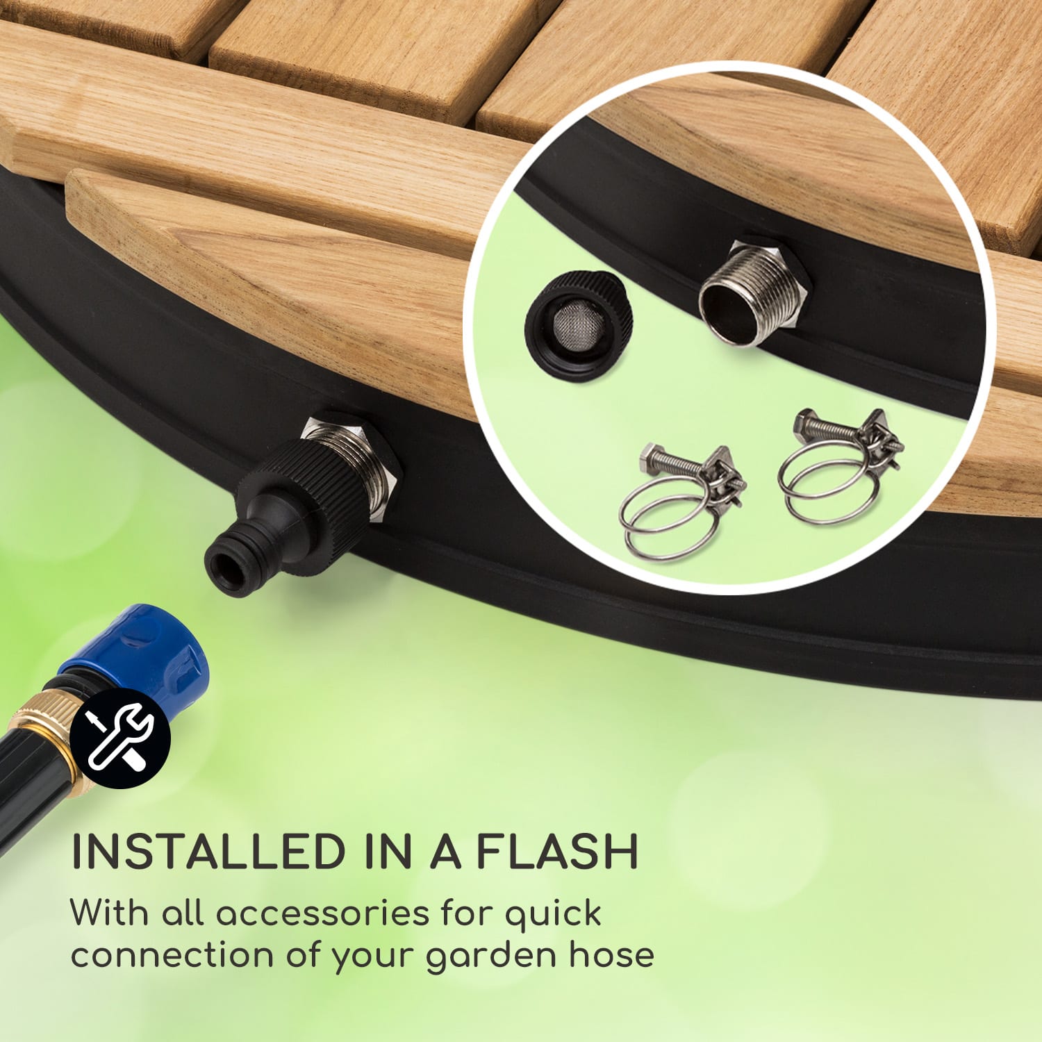 Blumfeldt Sumatra Teak Round, záhradná sprcha, hliník, tíkové drevo, rukoväť – Obrázok 5