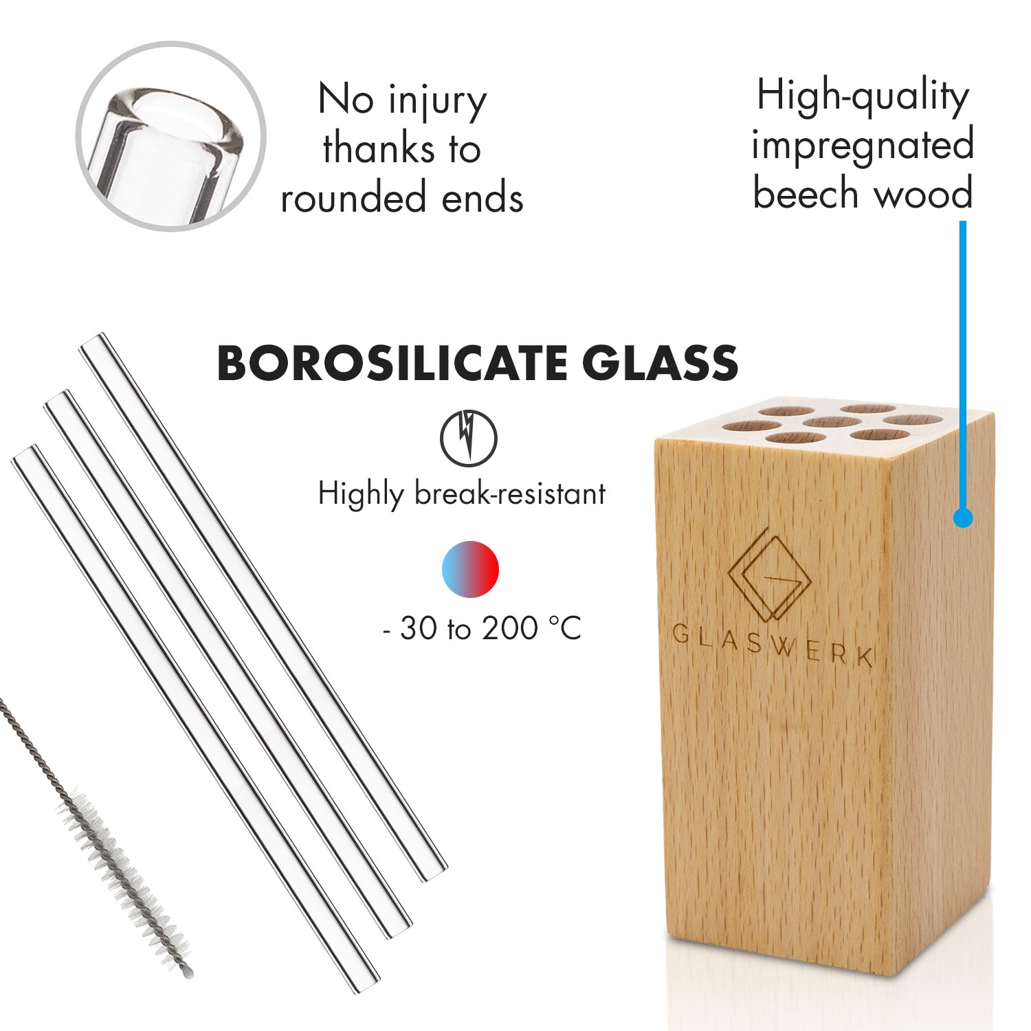 Klarstein Glaswerk Salizzada, sklenené slamky, 7 kusov, 0,8 x 20 cm (Ø x V), drevený držiak, kefka – Obrázok 5