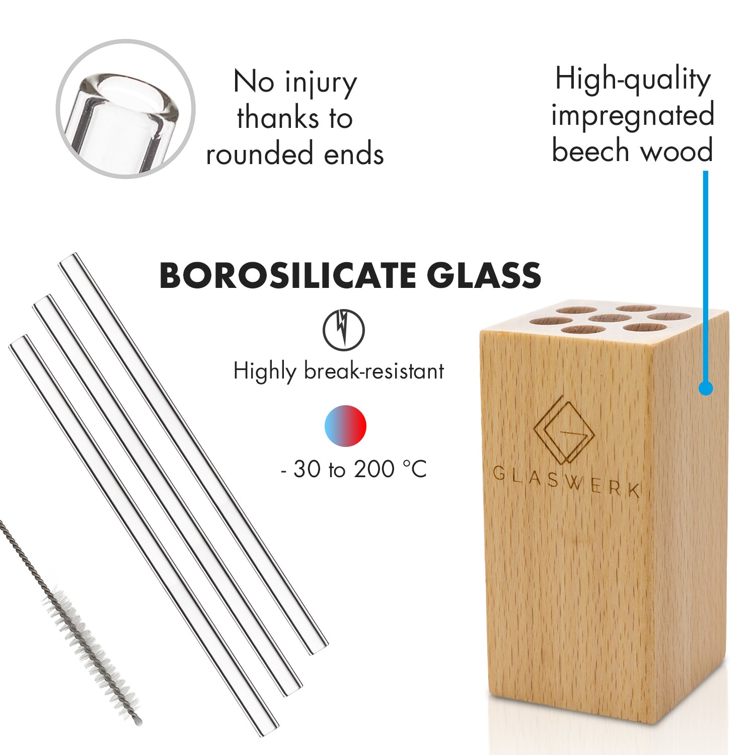Klarstein Glaswerk Frezzeria, sklenené slamky, 7 kusov, 0,8 x 15 cm (Ø x V), drevený držiak, kefka – Obrázok 5