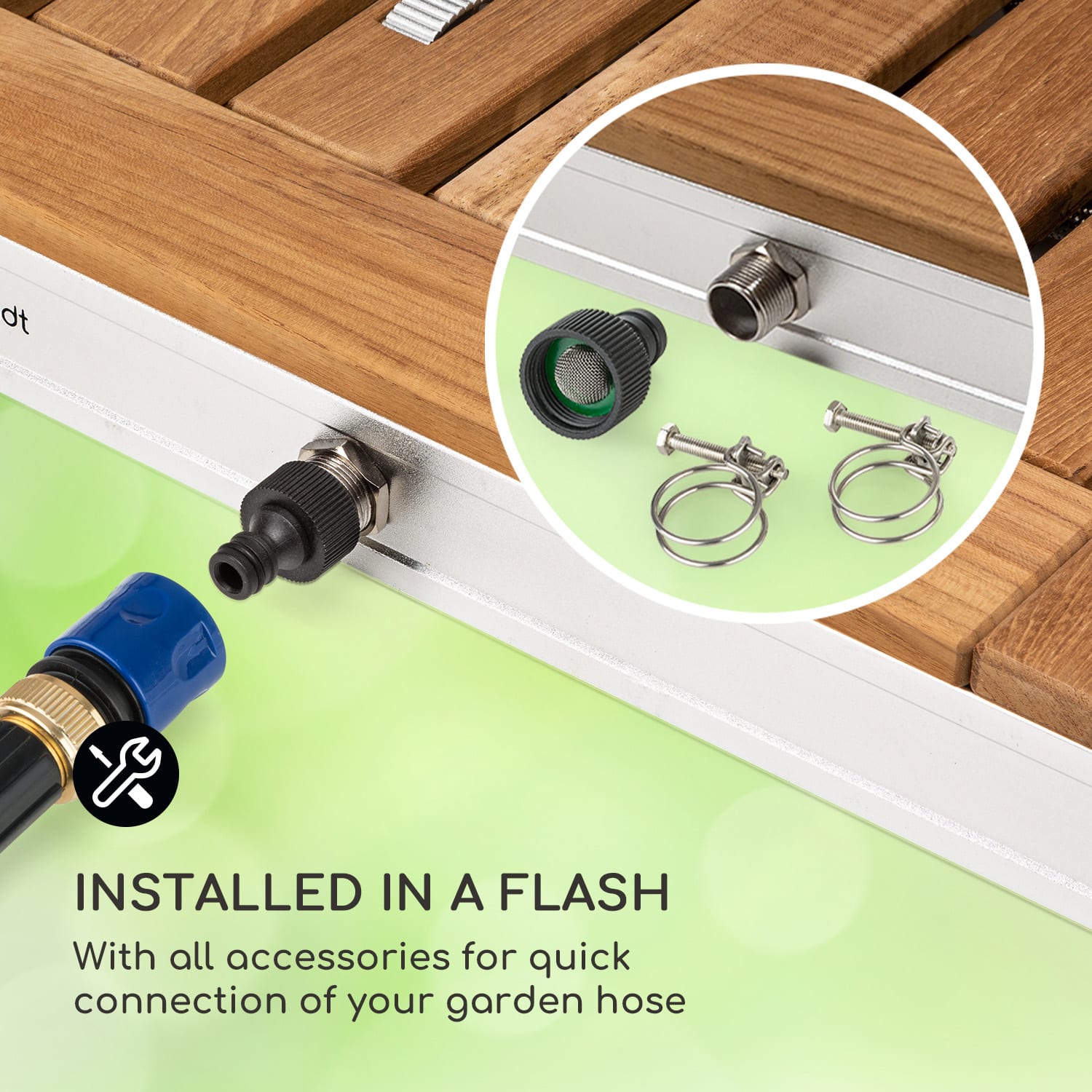 Blumfeldt Sumatra Teak Square, záhradná sprcha, hliník, tíkové drevo, rukoväť – Obrázok 5