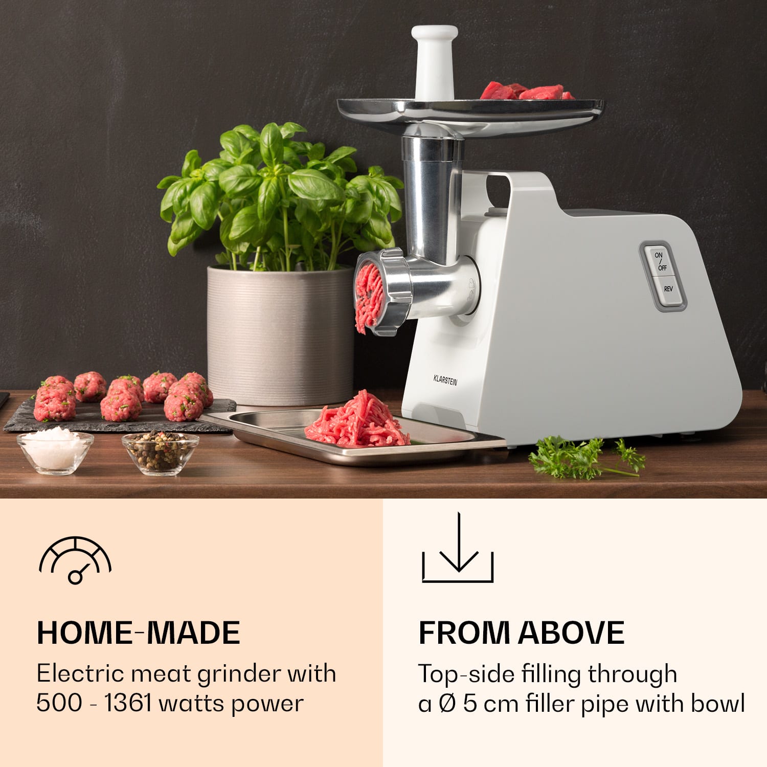 Klarstein Mighty Mince 500, elektrický mlynček na mäso, 1361 W, 3 oceľové perforované disky – Obrázok 2