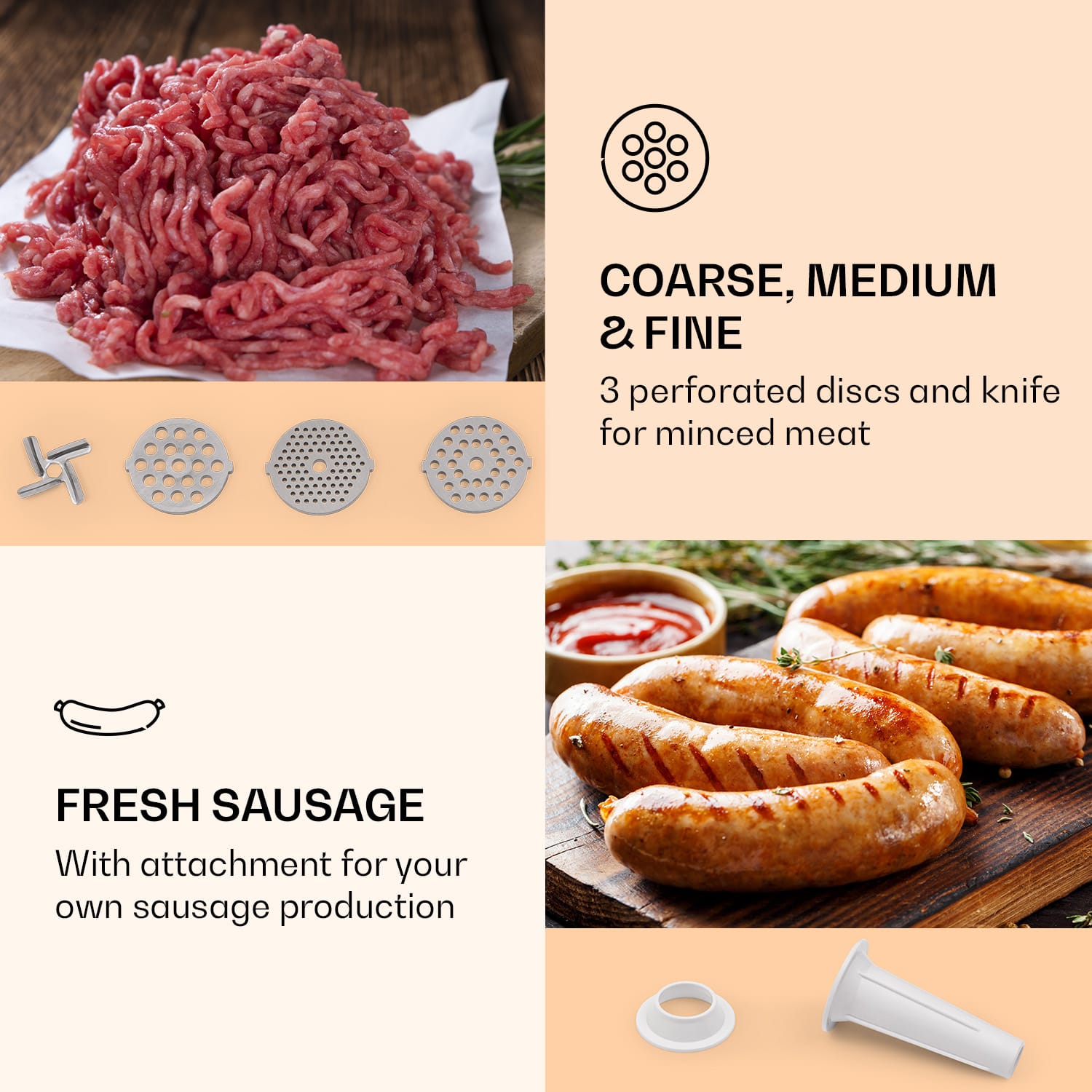 Klarstein Mighty Mince 500, elektrický mlynček na mäso, 1361 W, 3 oceľové perforované disky – Obrázok 3