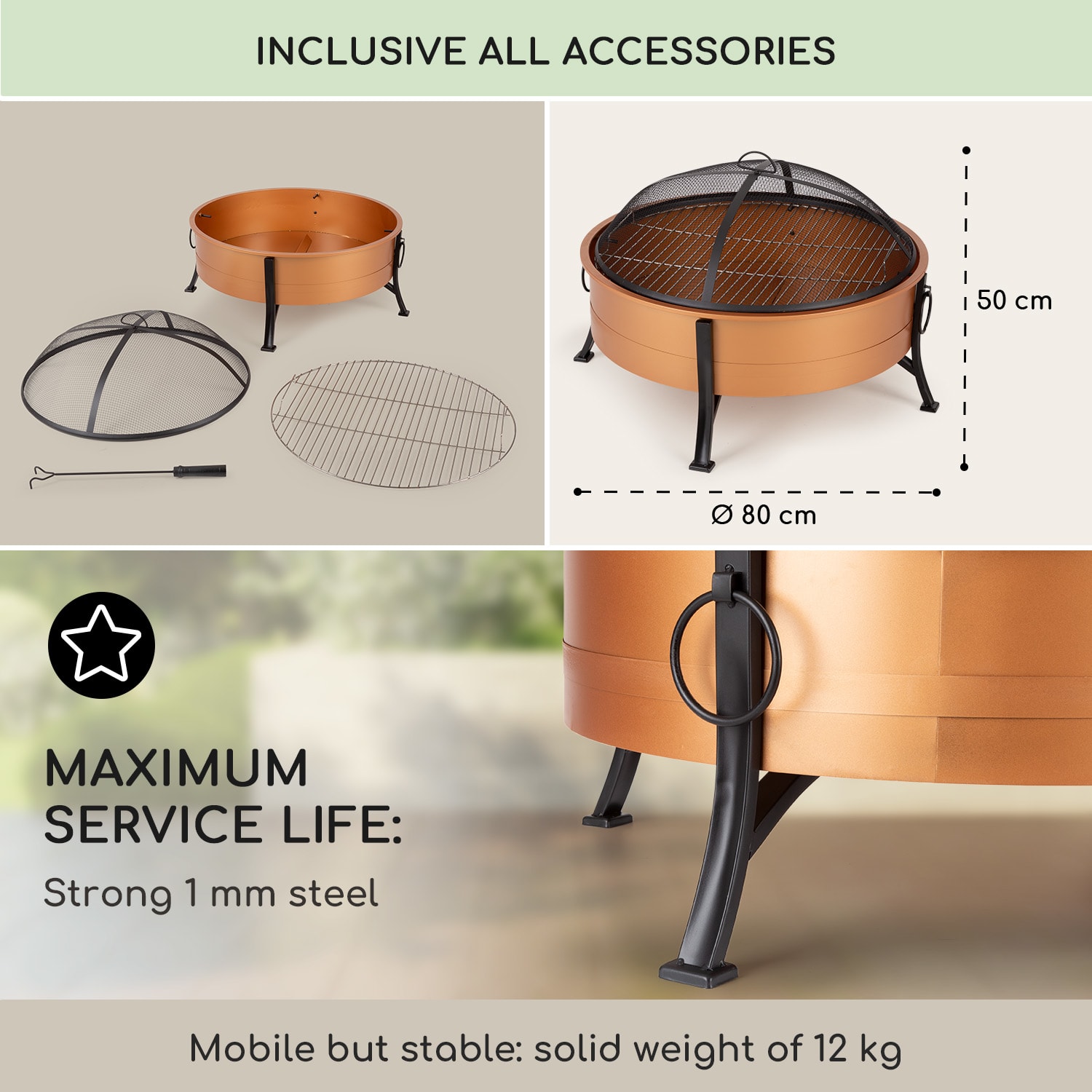Blumfeldt Catania, ohnisko 2 v 1 , Ø 80 cm, lapač iskier, Ø 70 cm gril, oceľ, meď – Obrázok 5