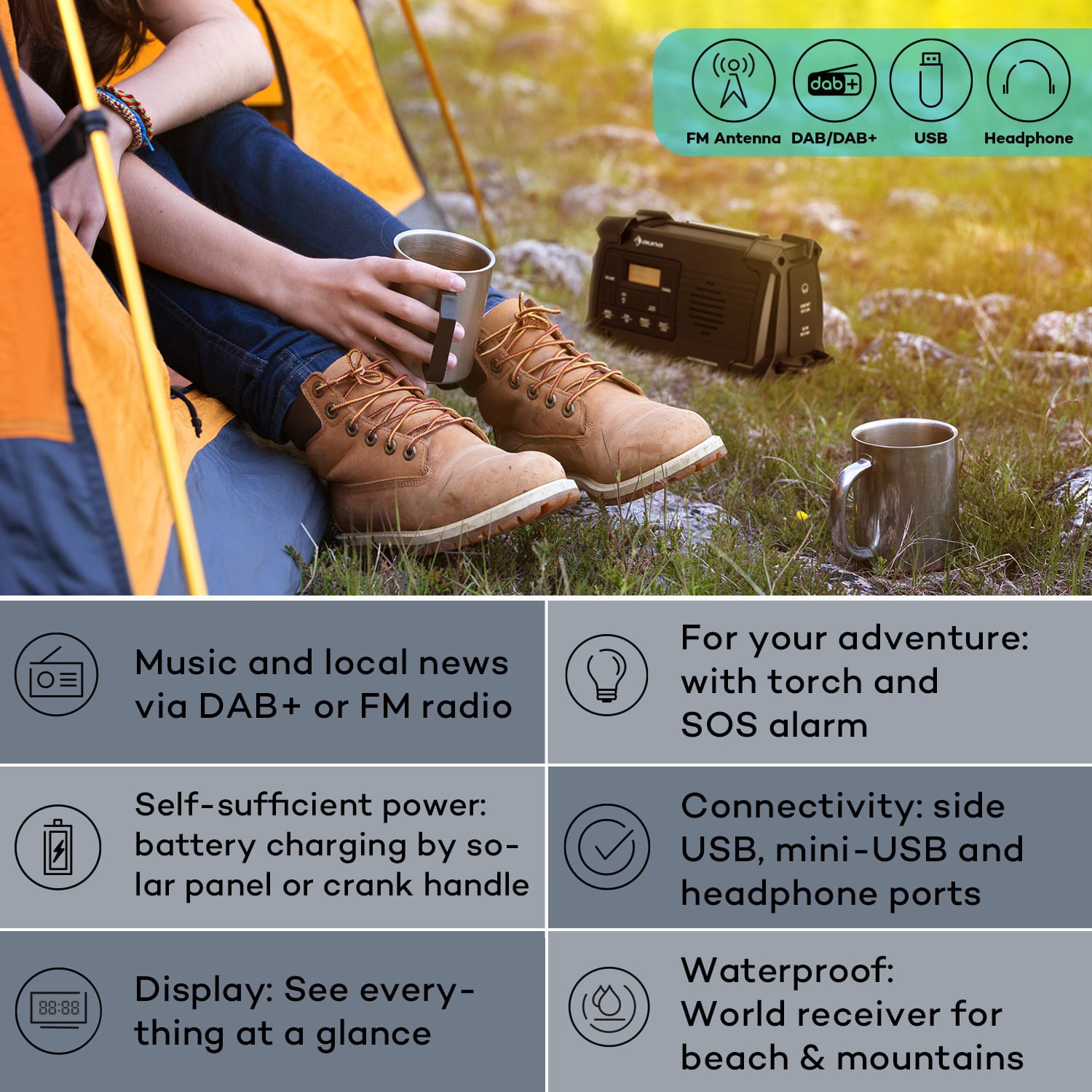 Auna Patagonia DAB+ Outdoorové rádio DAB / DAB+ / FM Nabíjanie kľukou USB SOS Alarm Vodotesné – Obrázok 2