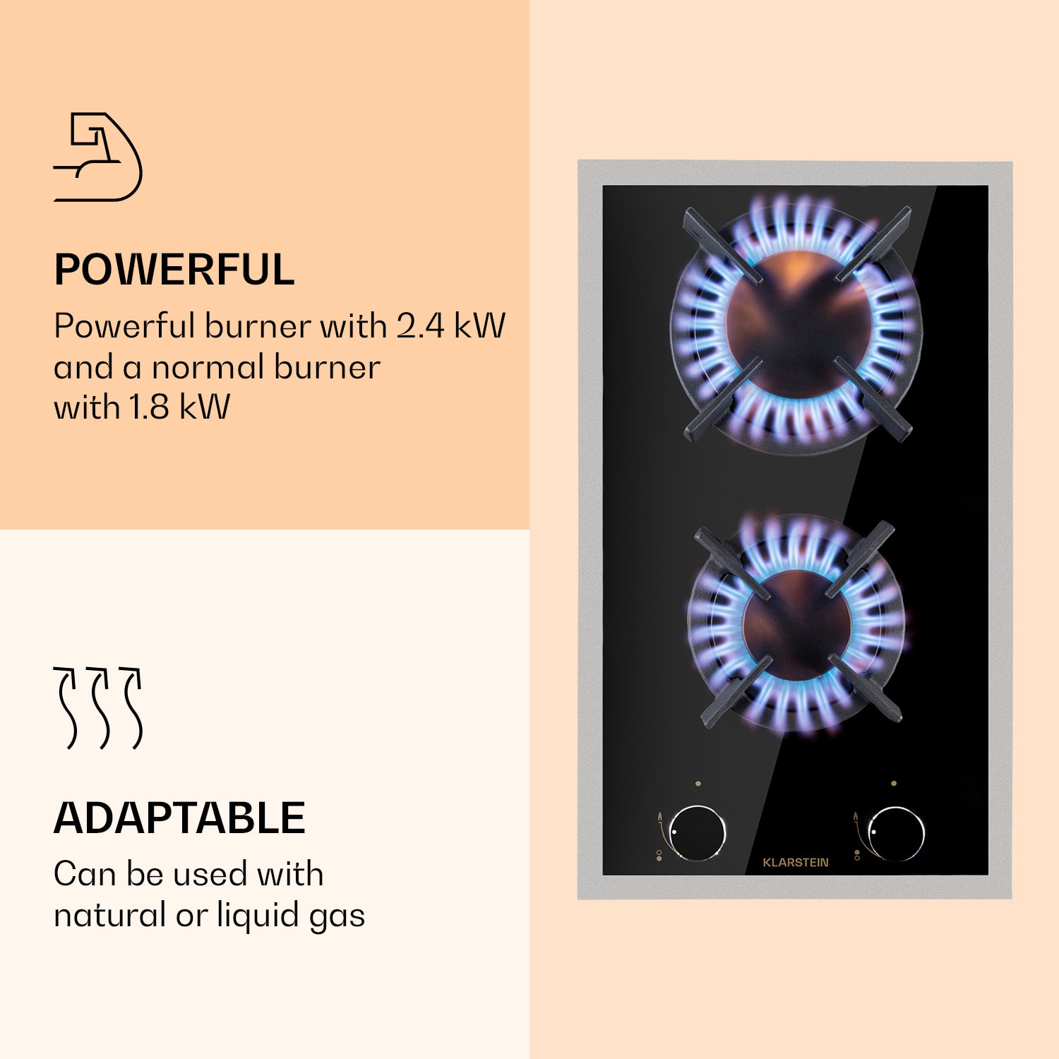 Klarstein Goldflame 2, plynová varná doska, 2 Messing horáky, sklokeramika – Obrázok 4