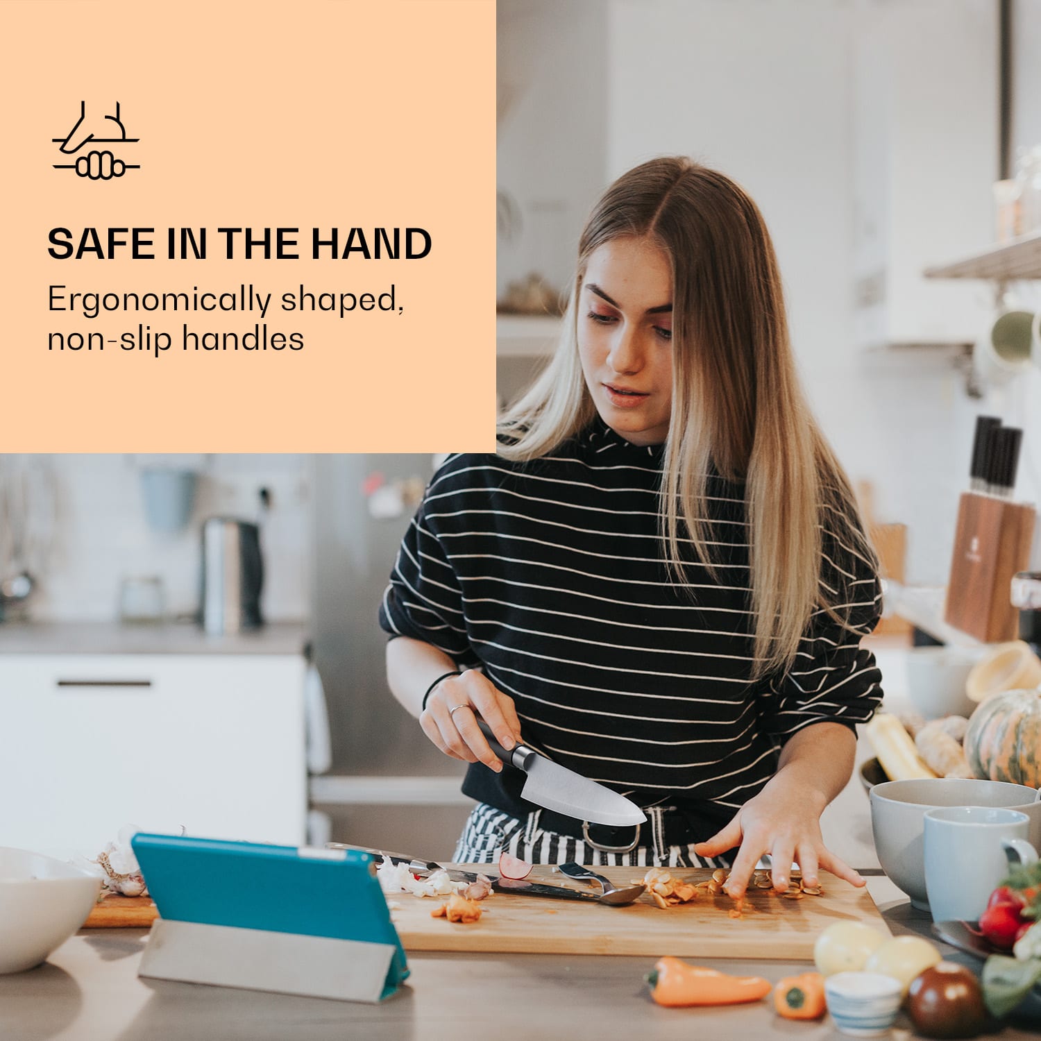 Klarstein Kitano, sada nožov s blokom, 8-dielna, 7 nožov, oceľ, luxusný drevený blok – Obrázok 2