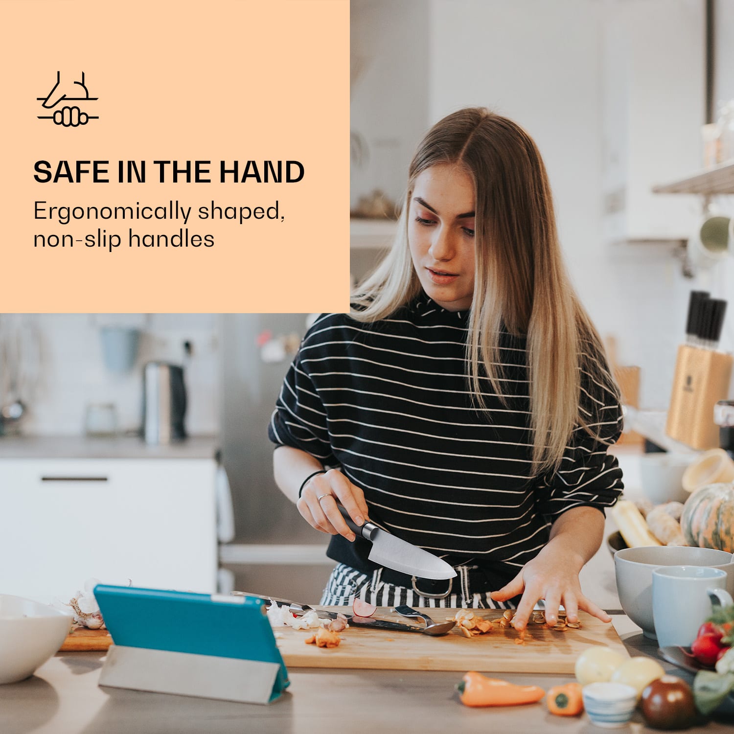 Klarstein Kitano, sada nožov s blokom, 8-dielna, 7 nožov, oceľ, luxusný drevený blok – Obrázok 2