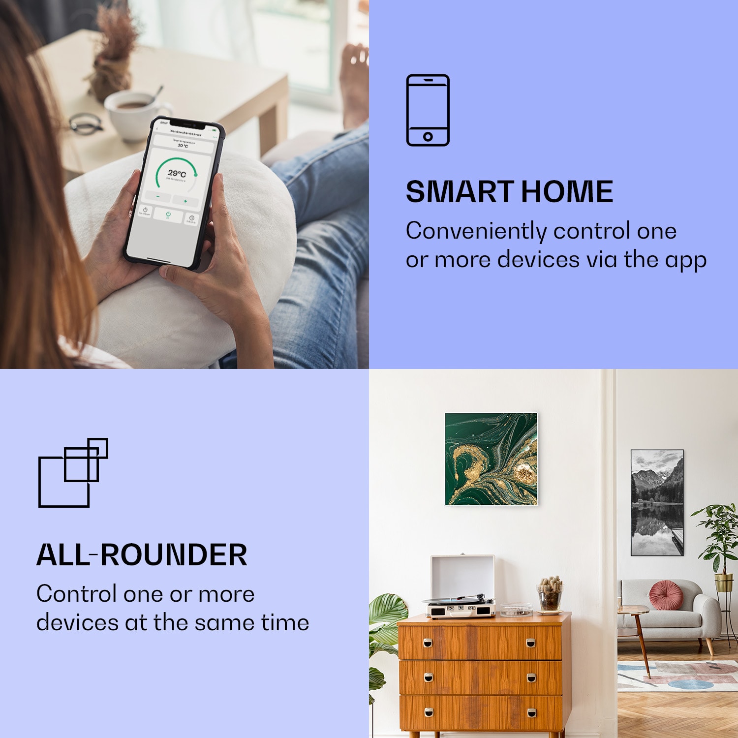 Klarstein Wonderwall Air Art Smart, infračervený ohrievač, 60 x 60 cm, 350 W, vír – Obrázok 2