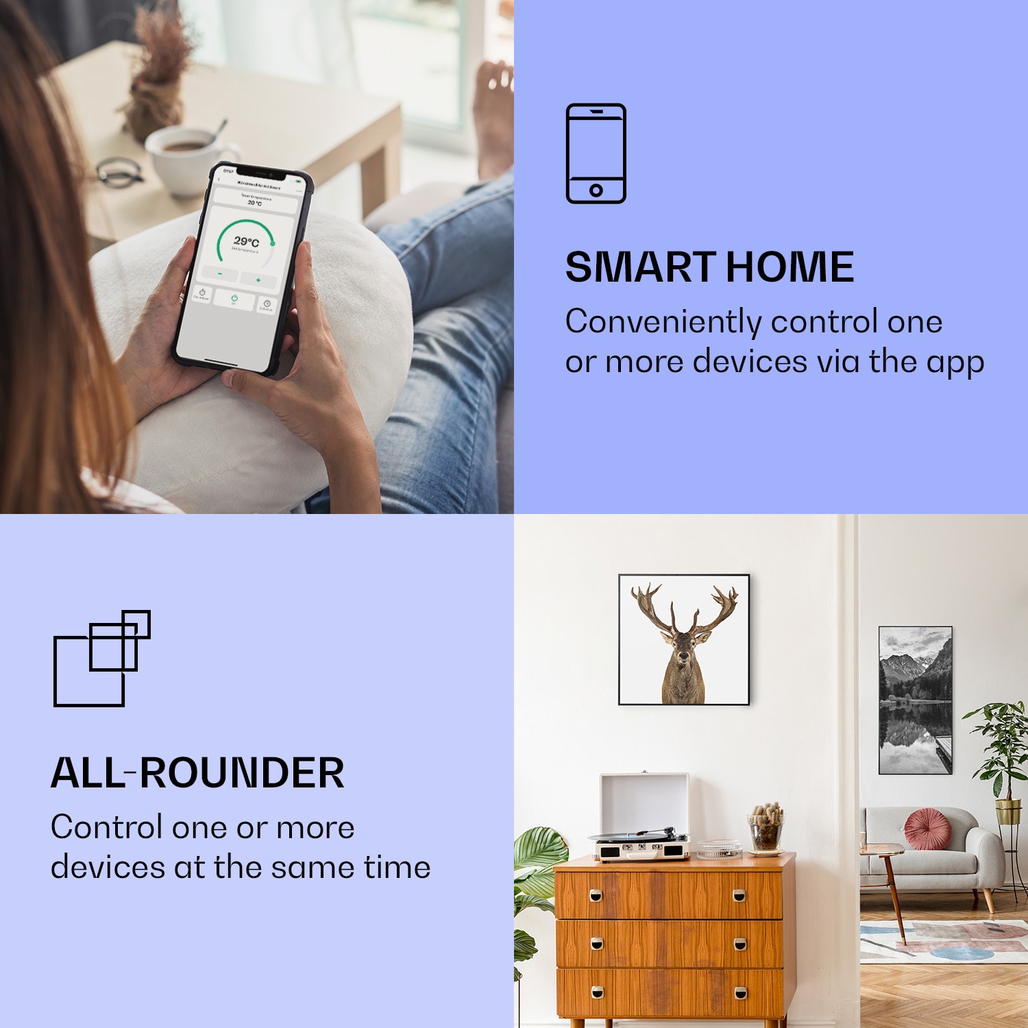 Klarstein Wonderwall Air Art Smart, infračervený ohrievač, 60 x 60 cm, 350 W, jeleň – Obrázok 2