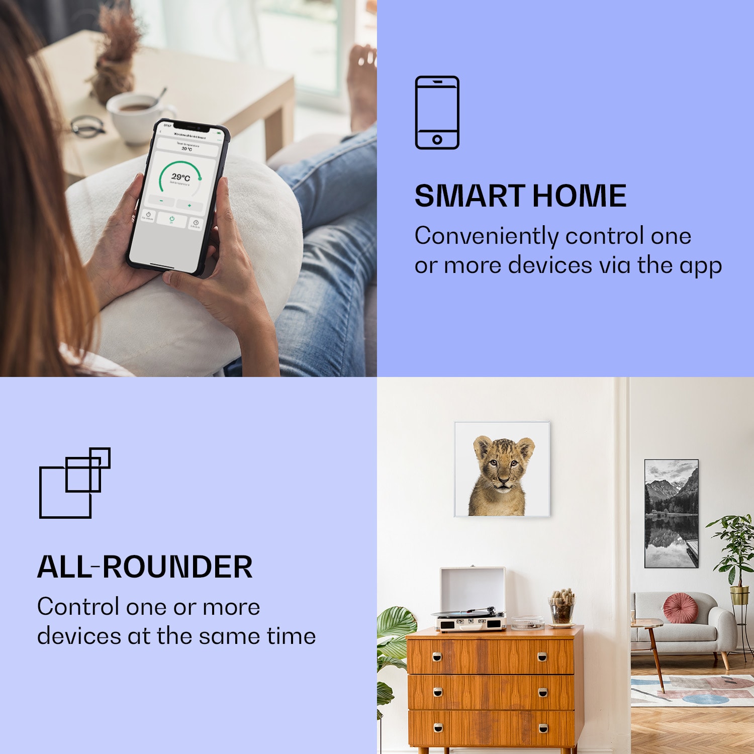 Klarstein Wonderwall Air Art Smart, infračervený ohrievač, 60 x 60 cm, 350 W, lev – Obrázok 2