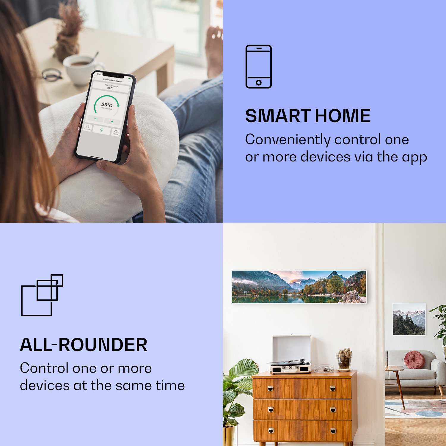 Klarstein Wonderwall Air Art Smart, infračervený ohrievač, 120 x 30 cm, 350 W, more – Obrázok 2