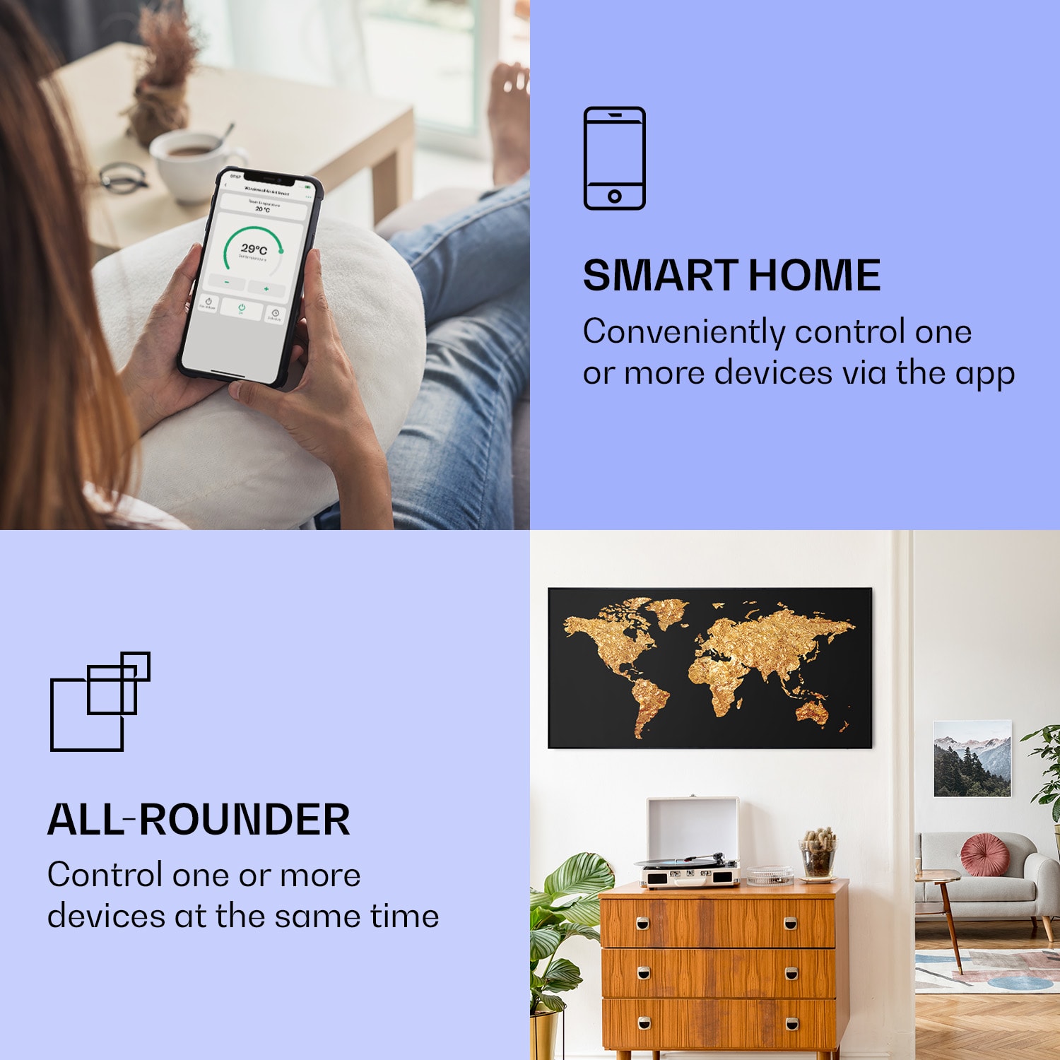 Klarstein Wonderwall Air Art Smart, infračervený ohrievač, 120 x 60 cm, 700 W, zlatá mapa – Obrázok 2