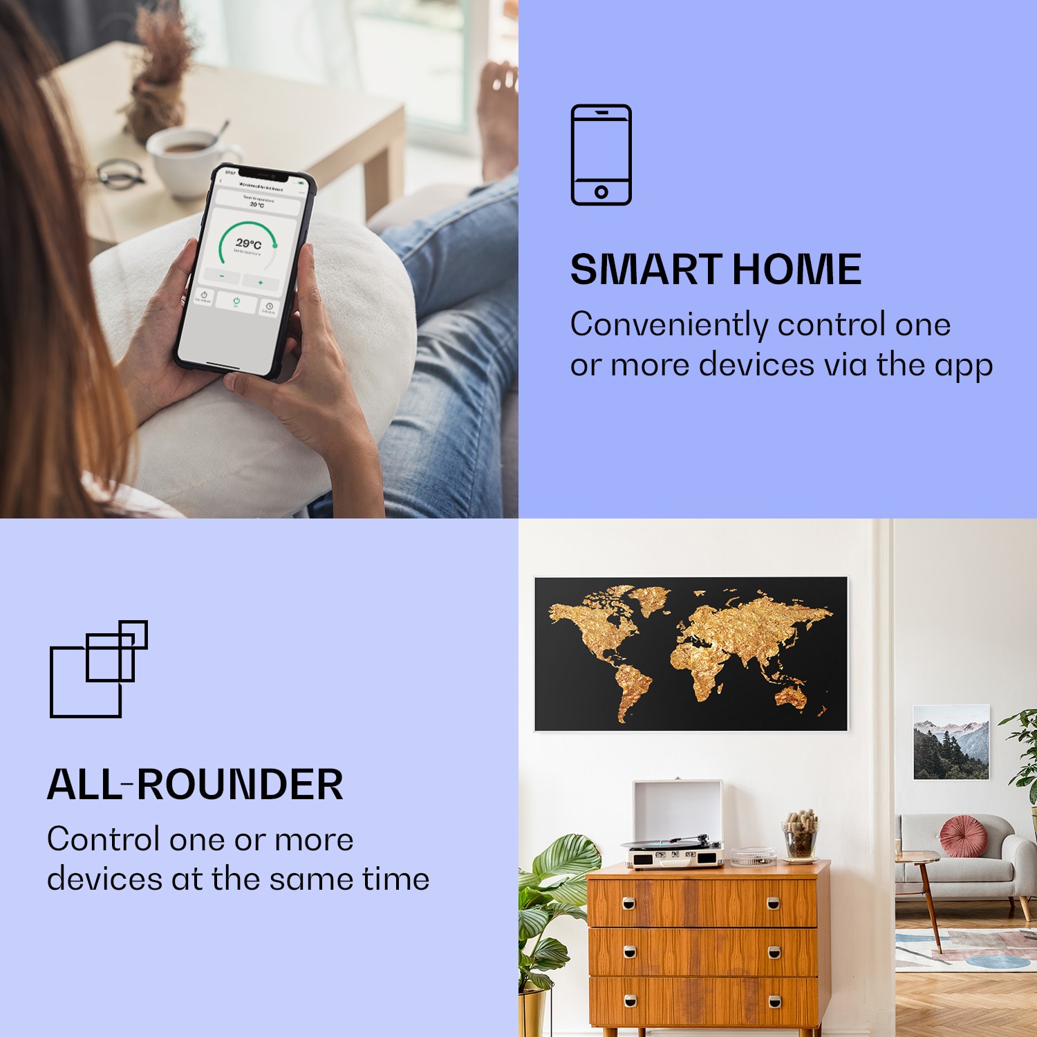 Klarstein Wonderwall Air Art Smart, infračervený ohrievač, 120 x 60 cm, 700 W, zlatá mapa – Obrázok 2