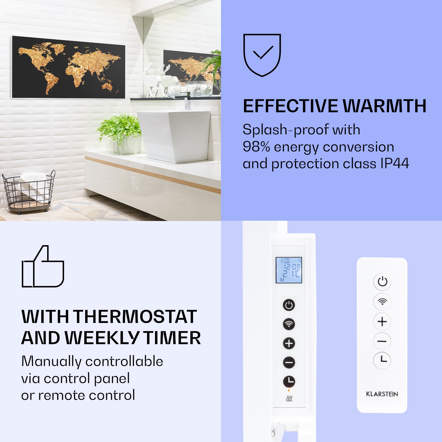 Klarstein Wonderwall Air Art Smart, infračervený ohrievač, 120 x 60 cm, 700 W, zlatá mapa – Obrázok 4