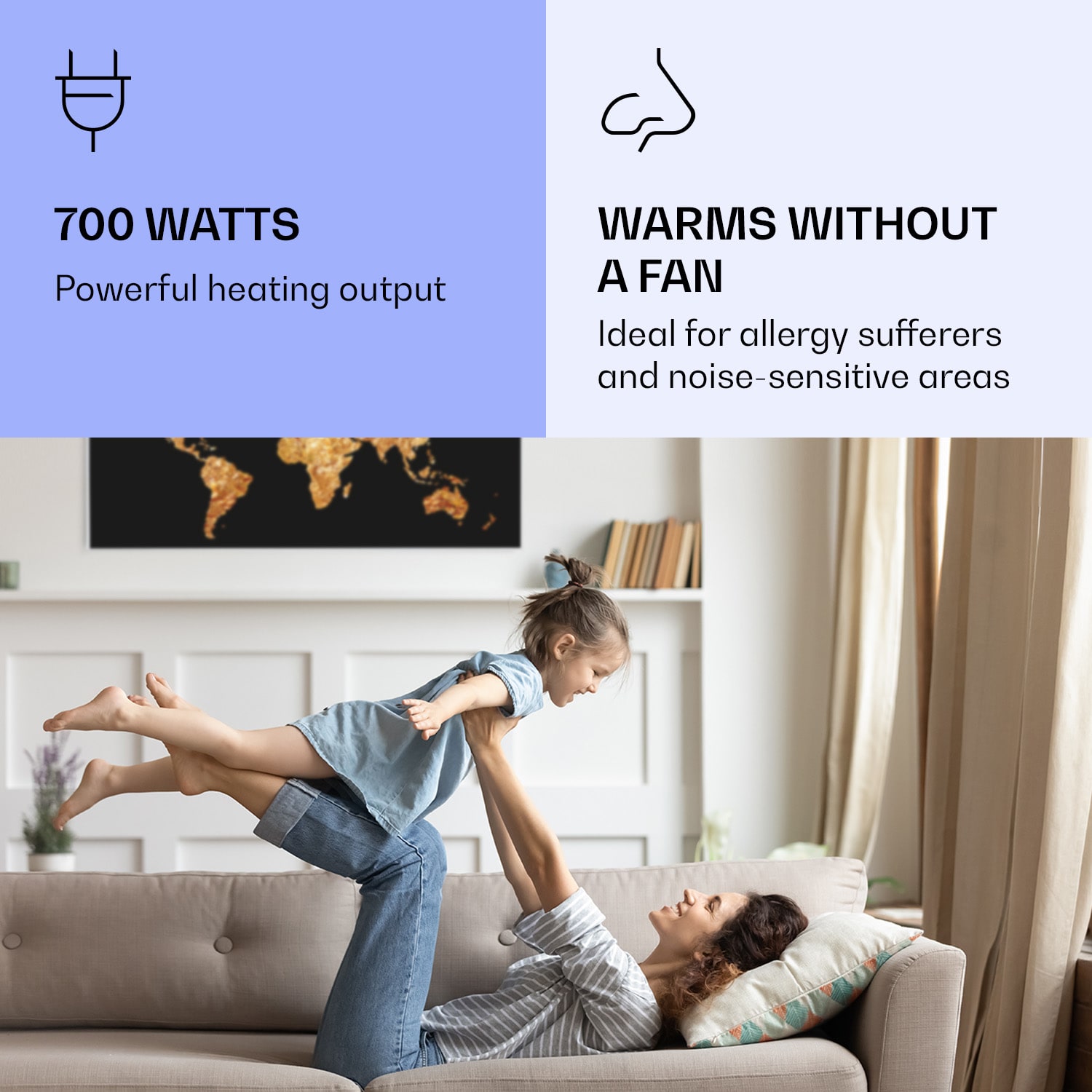 Klarstein Wonderwall Air Art Smart, infračervený ohrievač, 120 x 60 cm, 700 W, zlatá mapa – Obrázok 5