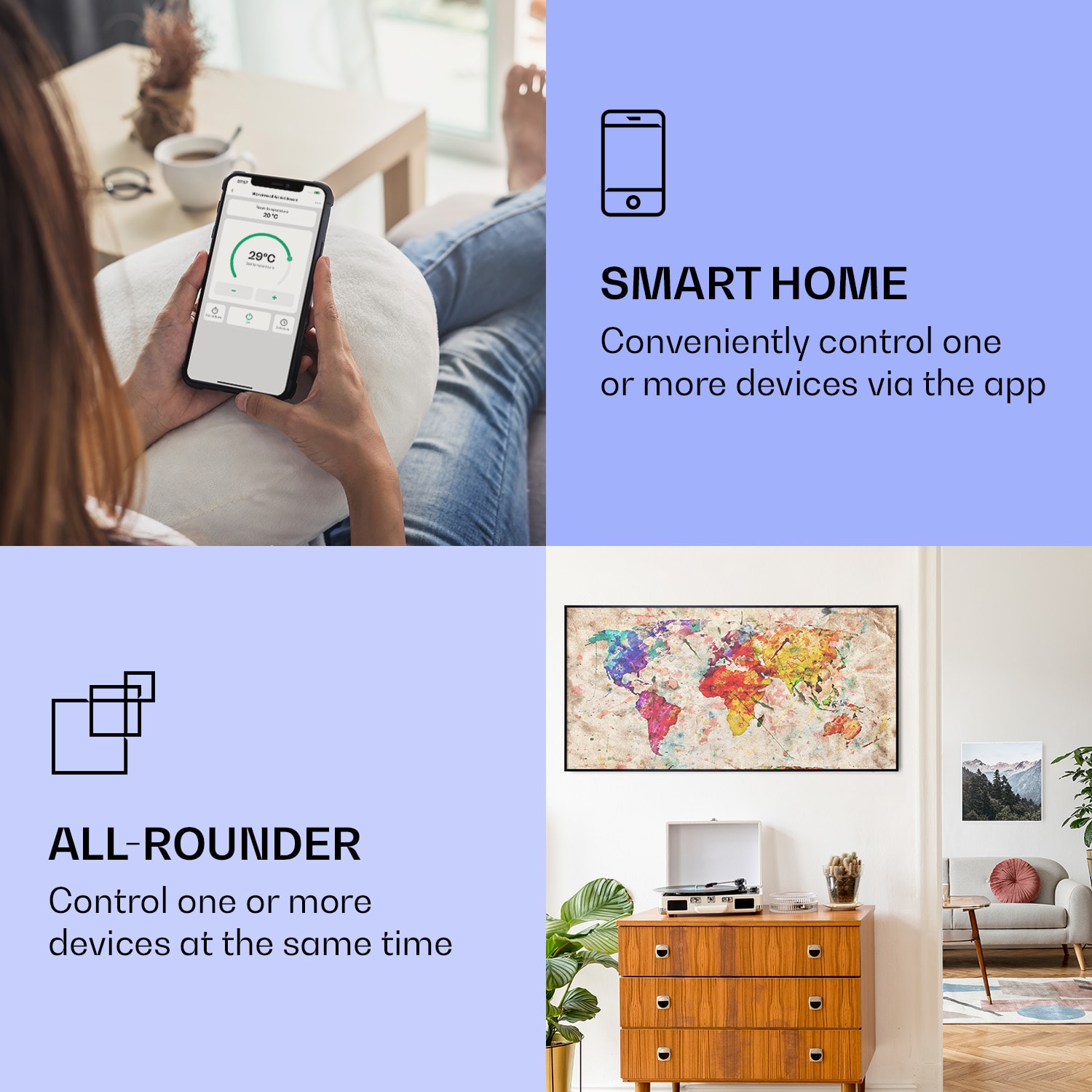 Klarstein Wonderwall Air Art Smart, infračervený ohrievač, 120 x 60 cm, 700 W, farebná mapa – Obrázok 2