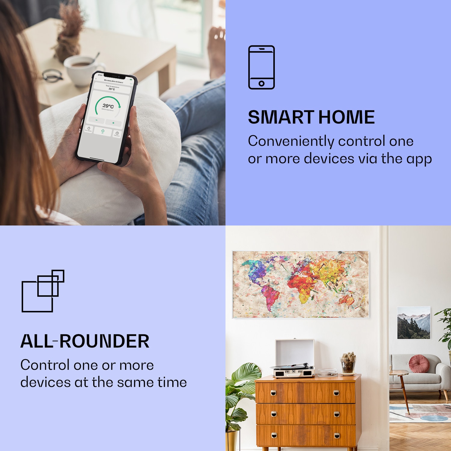 Klarstein Wonderwall Air Art Smart, infračervený ohrievač, 120 x 60 cm, 700 W, farebná mapa – Obrázok 2