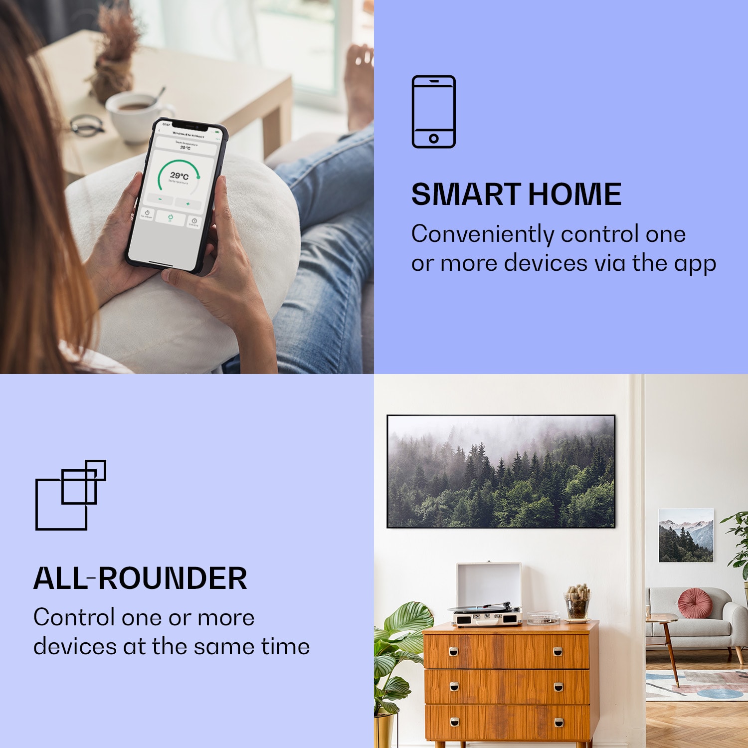 Klarstein Wonderwall Air Art Smart, infračervený ohrievač, 120 x 60 cm, 700 W, les – Obrázok 2