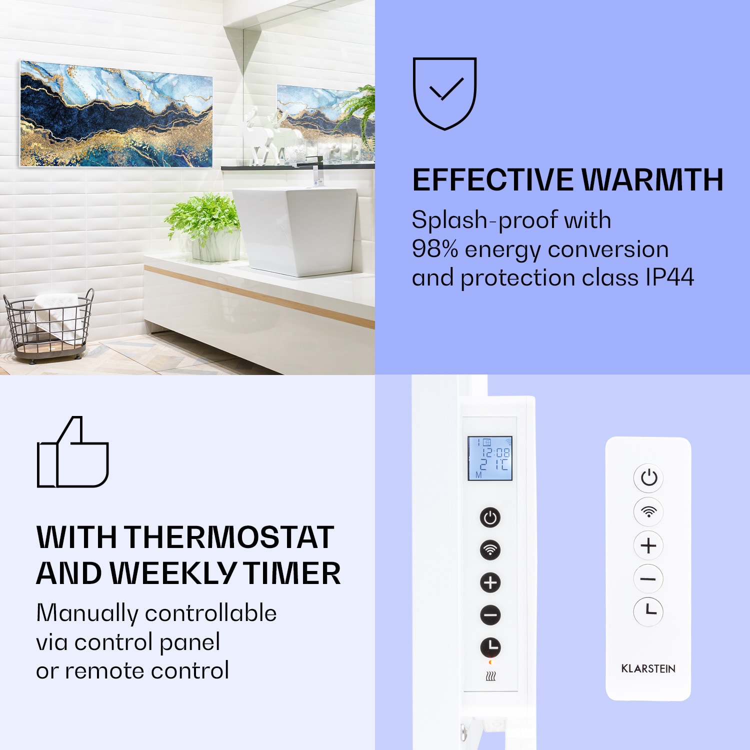Klarstein Wonderwall Air Art Smart, infračervený ohrievač, 120 x 60 cm, 700 W, modrý mramor – Obrázok 4