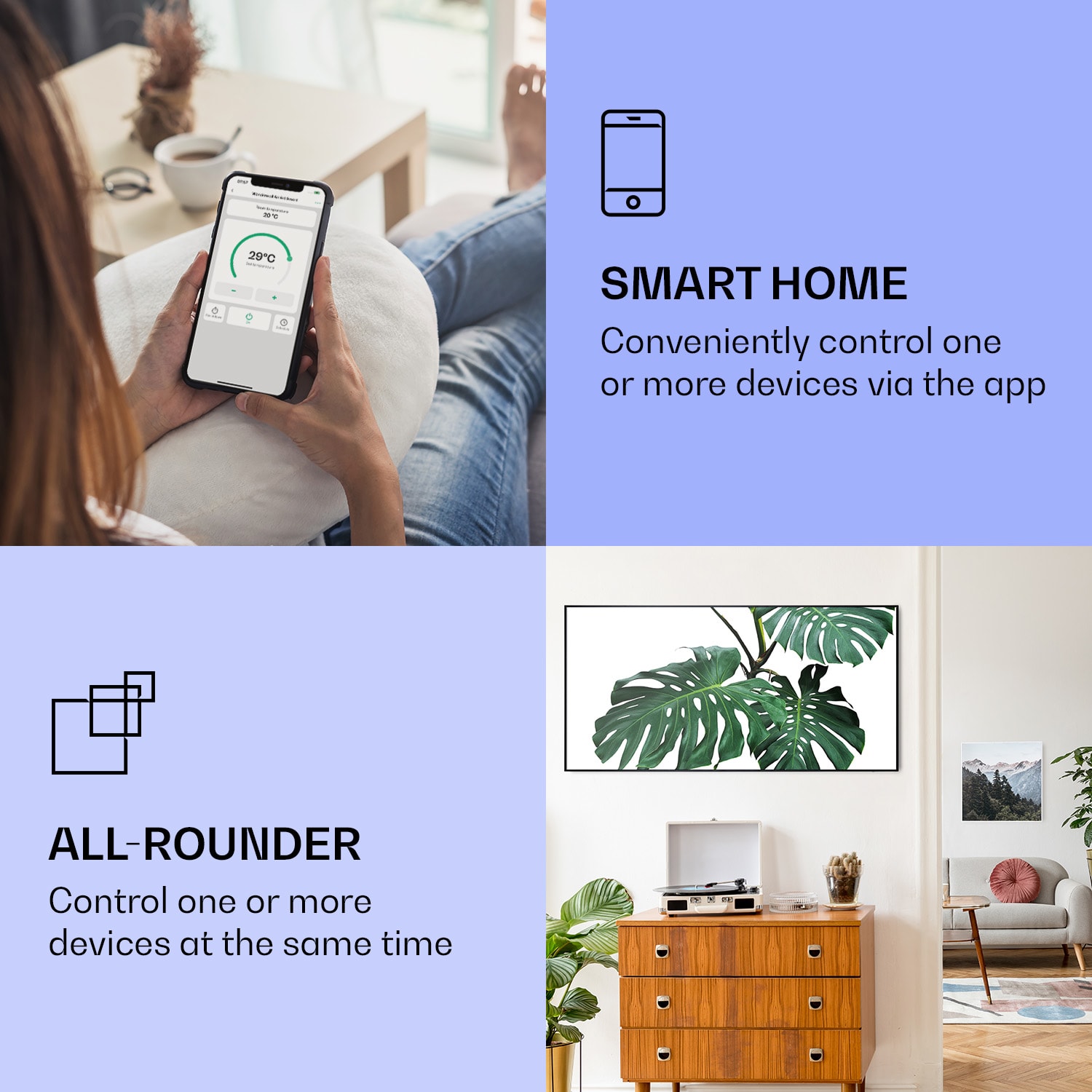 Klarstein Wonderwall Air Art Smart, infračervený ohrievač, 120 x 60 cm, 700 W, zelený list – Obrázok 2