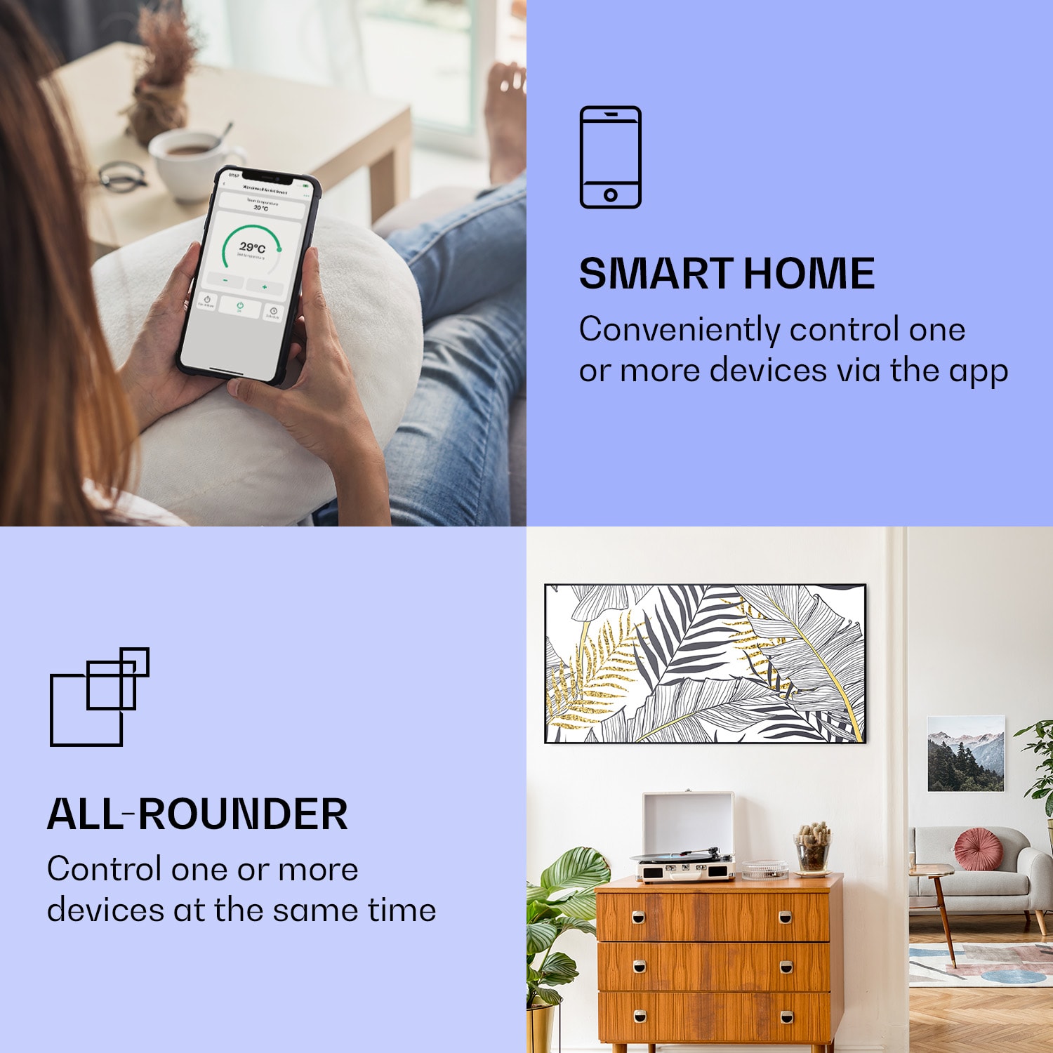 Klarstein Wonderwall Air Art Smart, infračervený ohrievač, 120 x 60 cm, 700 W, list – Obrázok 2