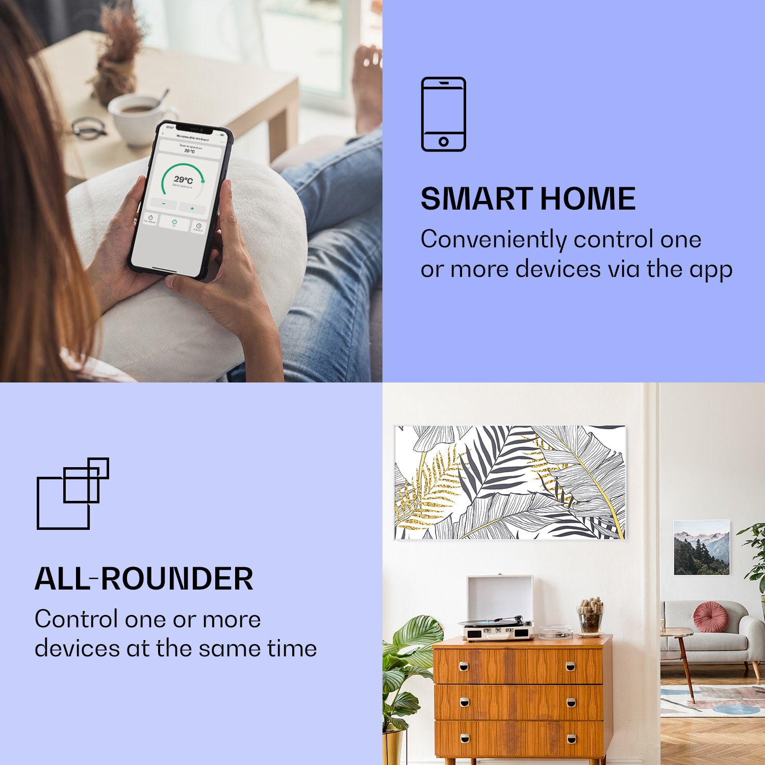 Klarstein Wonderwall Air Art Smart, infračervený ohrievač, 120 x 60 cm, 700 W, list – Obrázok 2