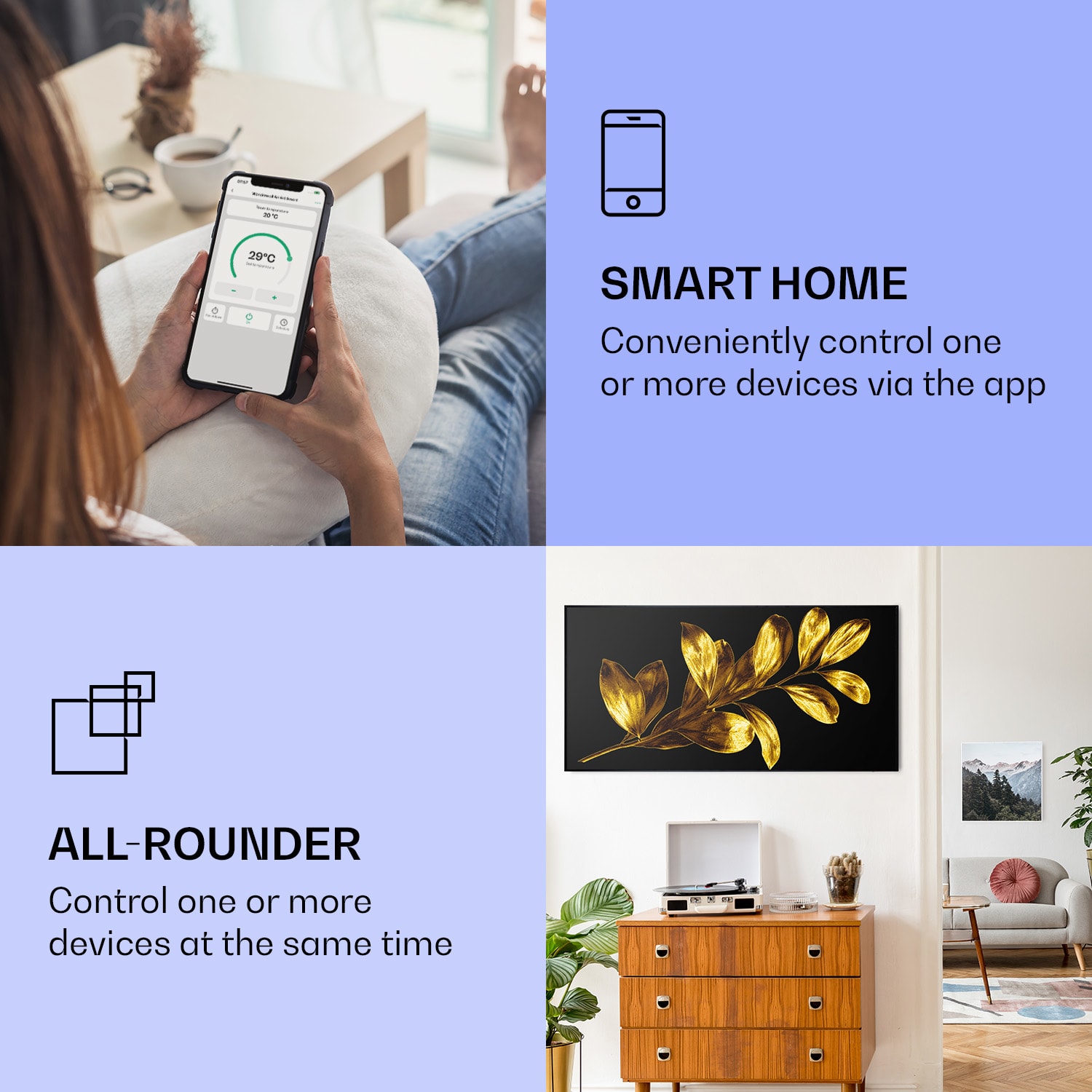 Klarstein Wonderwall Air Art Smart, infračervený ohrievač, 120 x 60 cm, 700 W, zlatý list – Obrázok 2