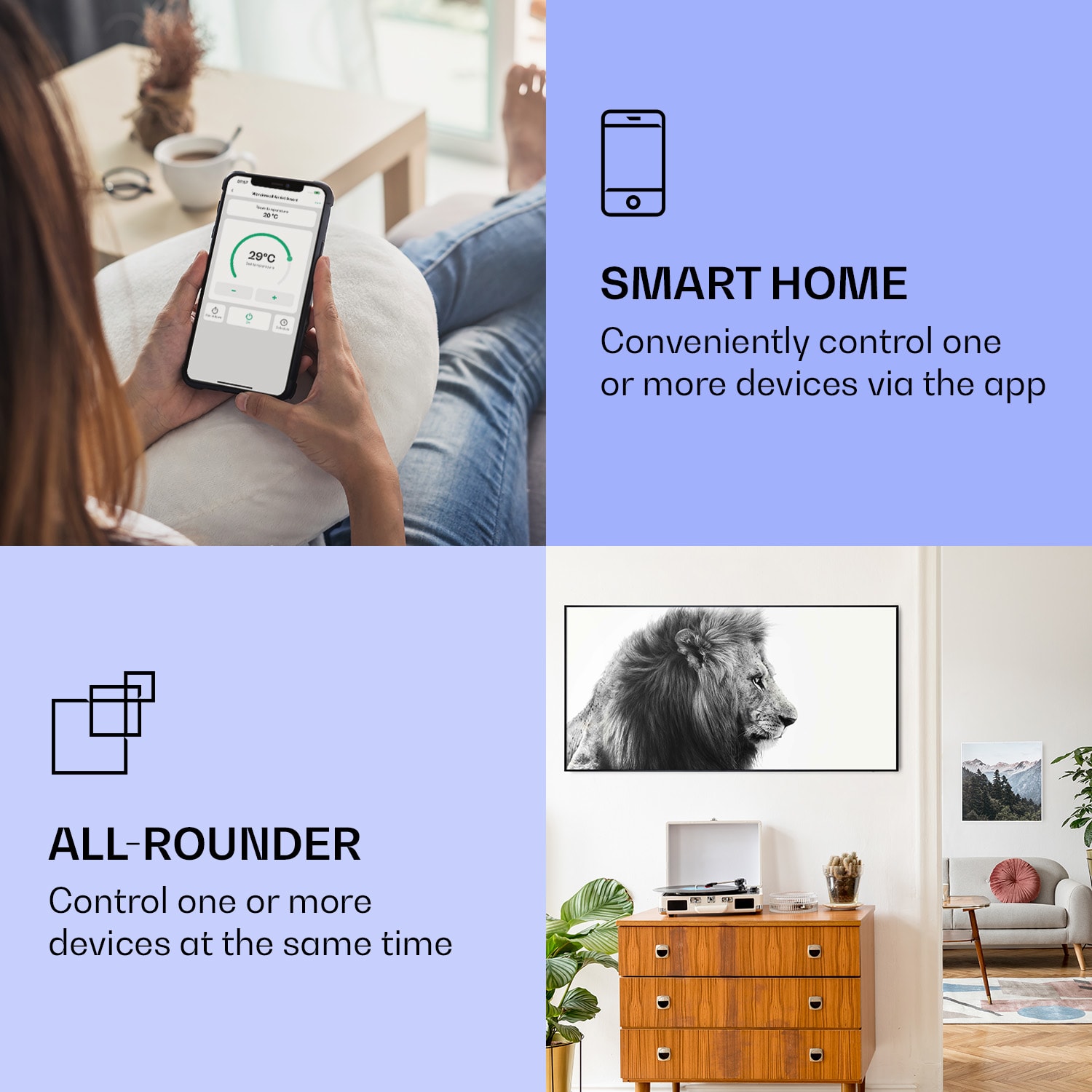 Klarstein Wonderwall Air Art Smart, infračervený ohrievač, 60 x 120 cm, 700 W, lev – Obrázok 2