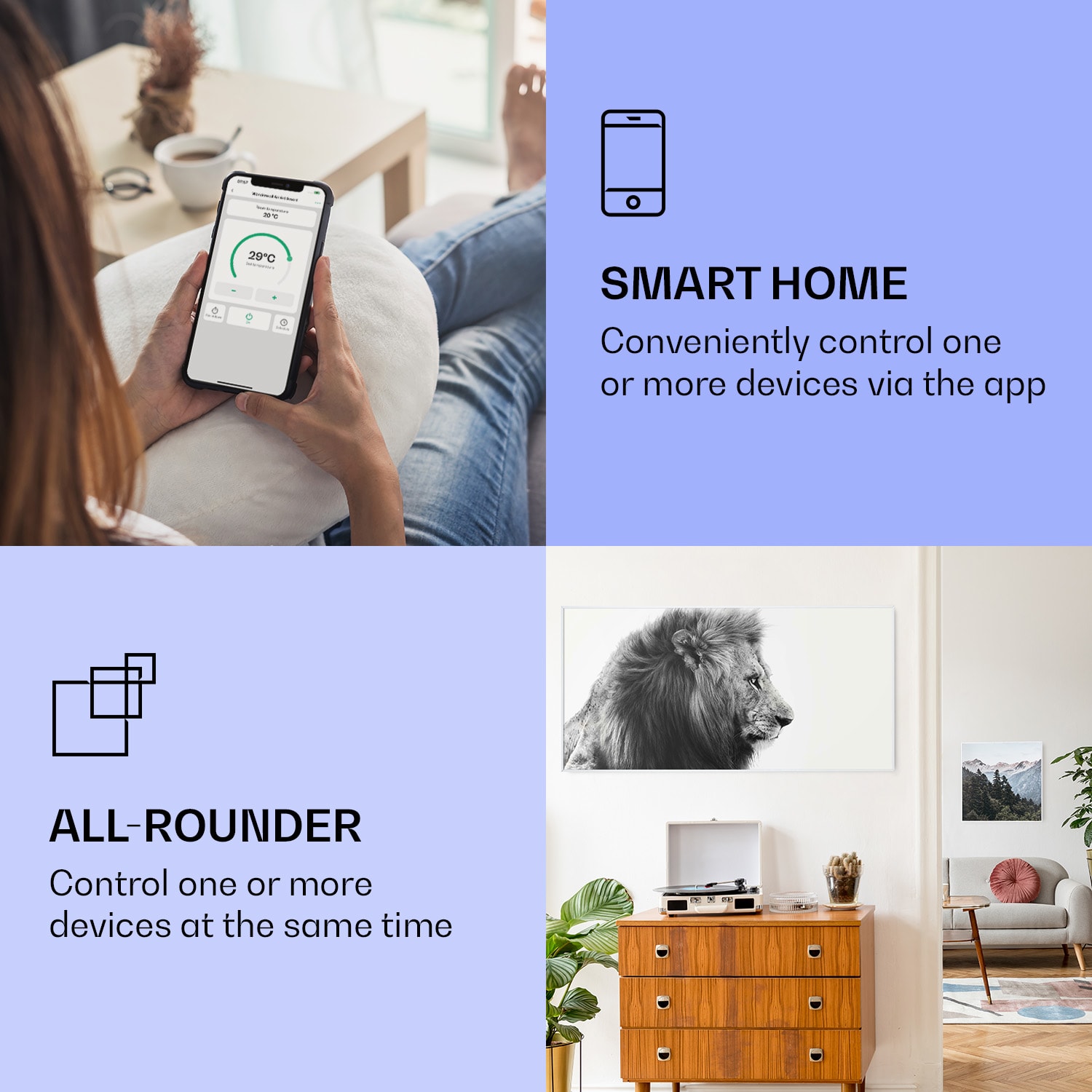 Klarstein Wonderwall Air Art Smart, infračervený ohrievač, 60 x 120 cm, 700 W, lev – Obrázok 2