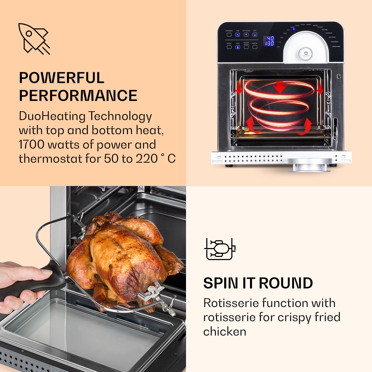 Klarstein AeroVital Cube Chef, teplovzdušná fritéza, 1700 W, 14 l, 16 programov, horný a spodný ohrev – Obrázok 3