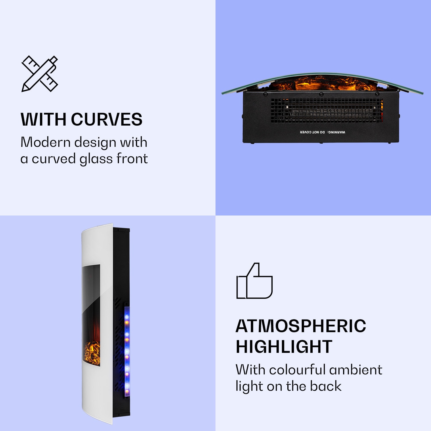 Klarstein Lamington, elektrický krb, 2000 W, LED plameň, teplovzdušný ohrievač, časovač, osvetlenie – Obrázok 3